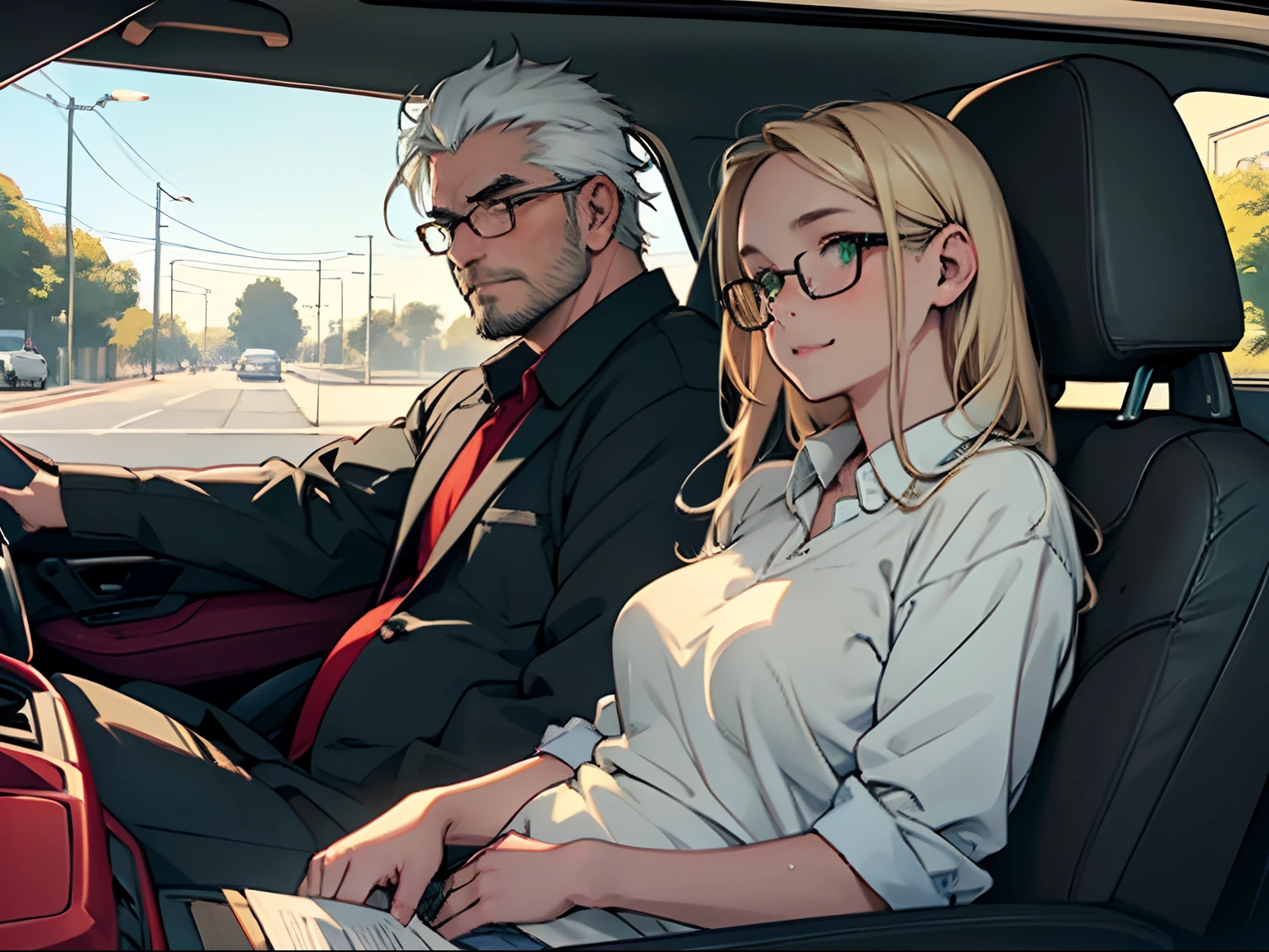 NSFW,​masterpiece,top-quality,Beautiful road with night view,1male people,1girl in,Fat uncle driving car with petite girl in passenger seat,Uncle putting his arm around a girl's shoulder in the car,(Fat Man,Uncle with a big belly,Uncle with a big face,man with white hair,Stubble Man,Uncle with glasses,Uncle in casual clothes),Girl sitting in the passenger seat, girl staring at her uncle's face,(a blonde girl,Green-eyed girl,Girl without glasses,small tits,Girl in school uniform),troubled look,Smile a little,Red face,Open your mouth slightly,Sweating,Red Convertible,blows wind,Hair flutters,