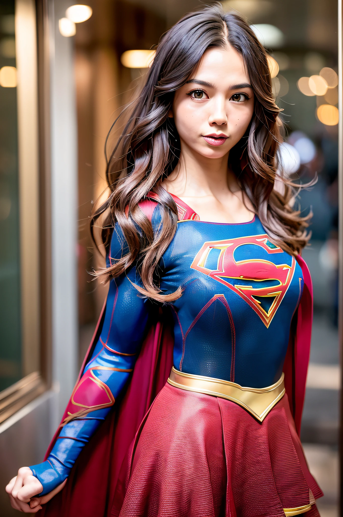 black hair woman posing for a photo,(wearing supergirl_cosplay_outfit:1.3),mini_skirt, good hand,4k, high-res, masterpiece, best quality, head:1.3,((Hasselblad photography)), finely detailed skin, sharp focus, (cinematic lighting), collarbone, night, soft lighting, dynamic angle, [:(detailed face:1.2):0.2],(((5 stars hotel))), outside,
