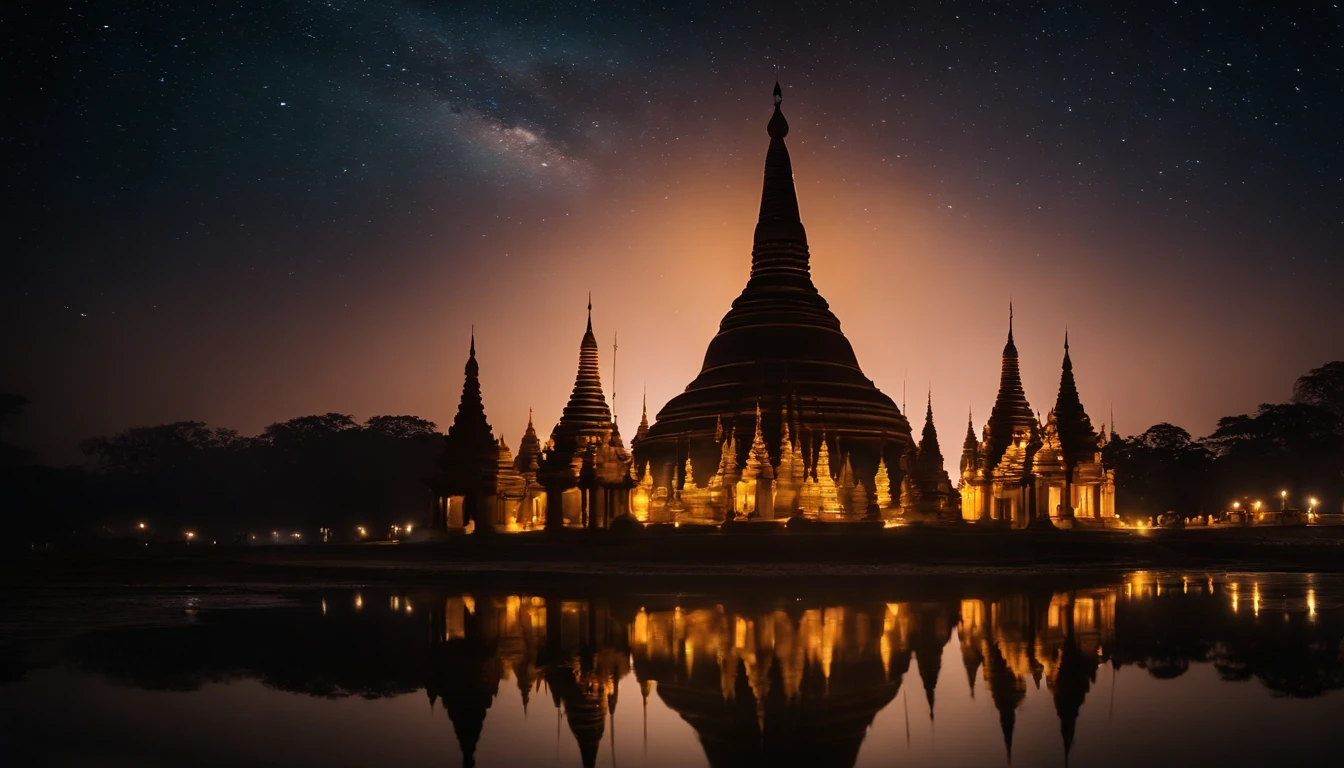 A night scene of Pagan Pagodas of Myanmar,, stary night, milky way in the sky, best composition, hyper detailed, masterpiece art work, long view, silhouette of pagodas , at night.soft light. No destrotion.