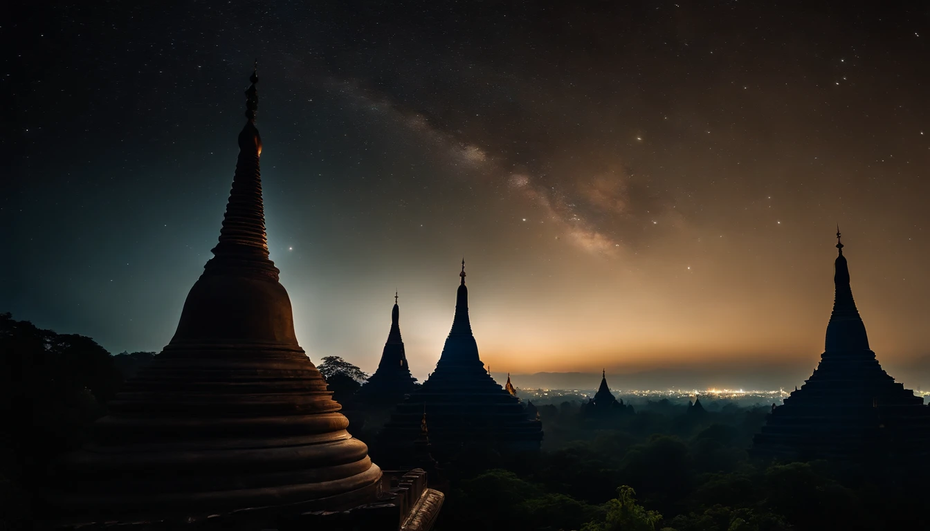 A night scene of Pagan Pagodas of Myanmar,, stary night, milky way in the sky, best composition, hyper detailed, masterpiece art work, long view, silhouette of pagodas , at night.soft light. No destrotion.