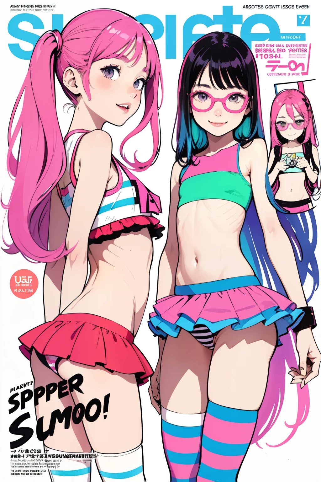 (superflat, flat shading, flat colors:1.1),(magazine cover), (multiple girls), illustrations, , petite, striped crop top, children's print panties, smile, bottom, from behind, colorful stockings, volumetric lighting, soft light, bright, neon, vibrant colors, watercolor