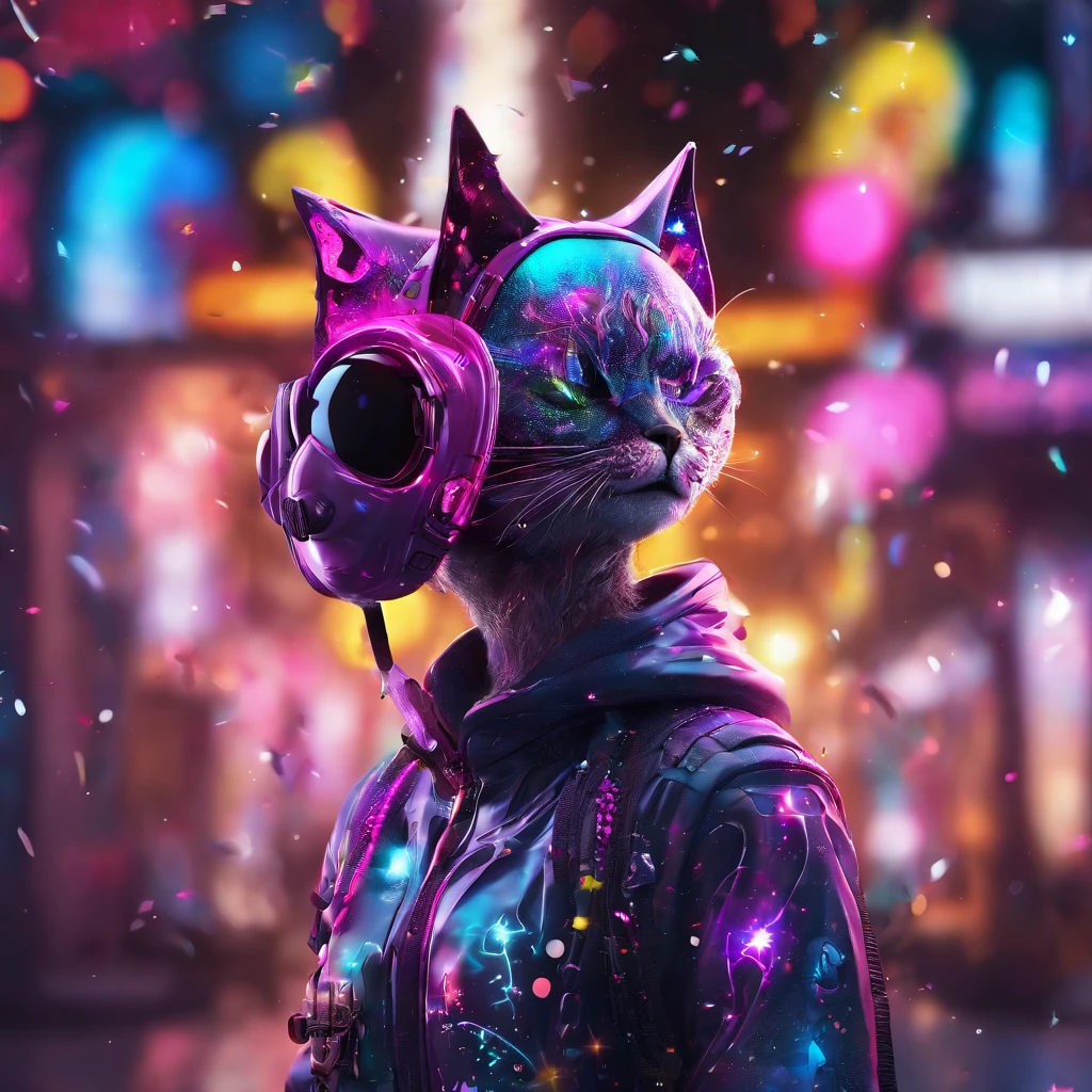 In a whimsical kawaii cafe, Kitten Fluffy, crafted from highly detailed curling, thin glowing multi-colored smoke, dons a rose flower hoodie and fancy funny stylish giant shiny sunglasses. Against a backdrop of vibrant neon typography spelling VIKUSIA, FAINOHO DNIA, capture its enchantment in a digital art masterpiece. Incorporate volumetric 3D rendering, Octane render, and vibrant graffiti elements to create a fantasy illustration that showcases its fashion-forward style. Make it pop with a poster-worthy 3D render that embraces the essence of this captivating character ((stunningly tantalizing view)). 3D, highly detailed, sharp focus, 8K, ultra quality, UHD, crystal clear, bokeh. Black magic Pocket Cinema Camera 6K Pro with Sigma 18-35mm f/1.8 DC HSM Art lens Canon EOS 5D Mark IV camera with a Canon EF 24-70mm f/2.8L II USM lens --ar 9:16 --v 5.2 --s 750, architecture, vibrant, wildlife photography, portrait photography, fashion, cinematic, typography, 3d render, poster, photo