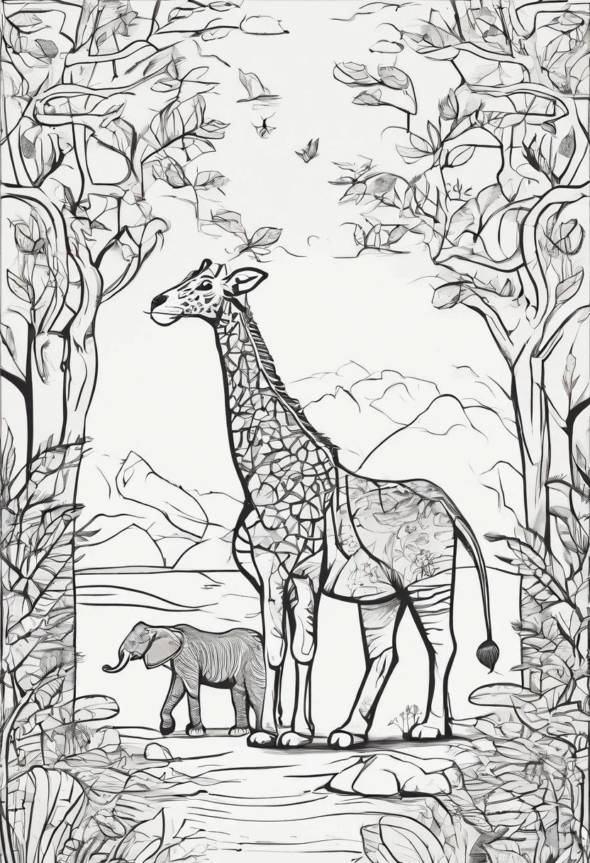 Lion, giraffe,Monkey in a tree,Elephant, tiger,Forest, beautiful nature kids style,animation graphique