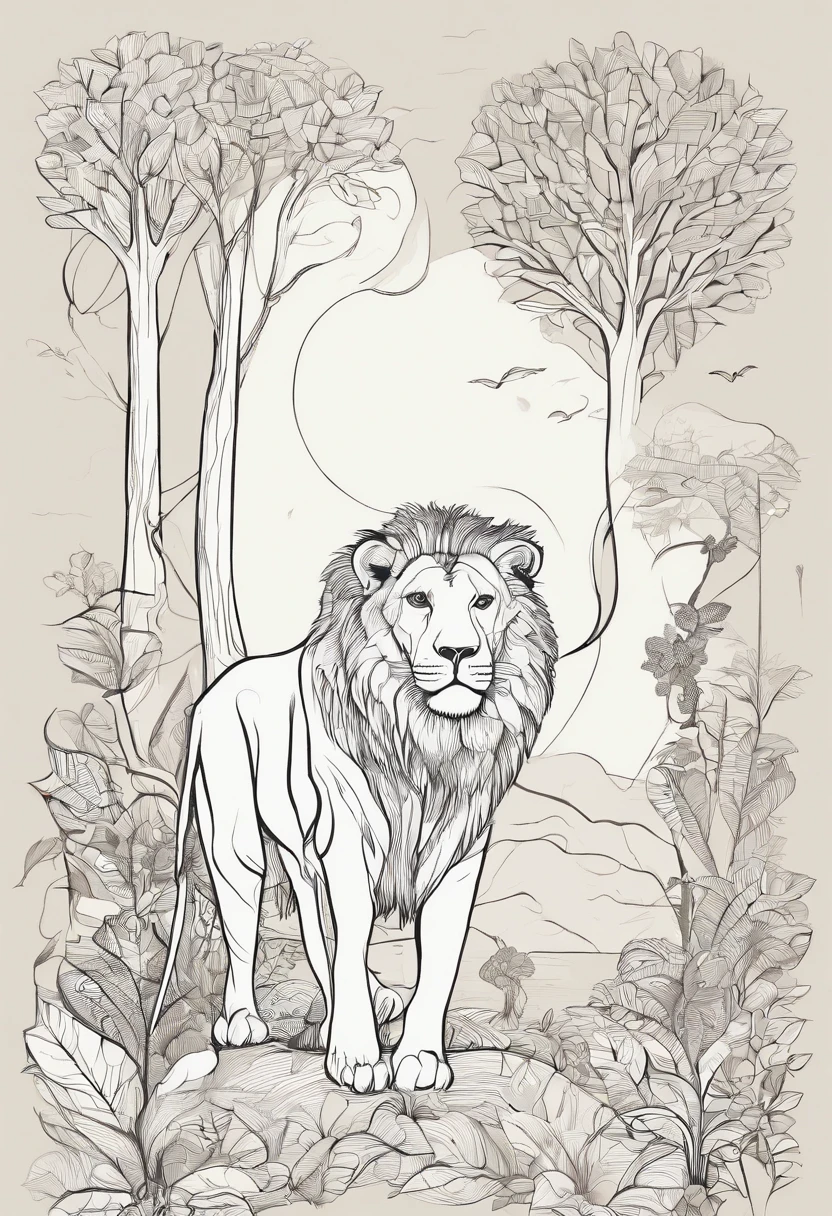 Lion, giraffe,Monkey in a tree,Elephant, tiger,Forest, beautiful nature kids style,animation graphique