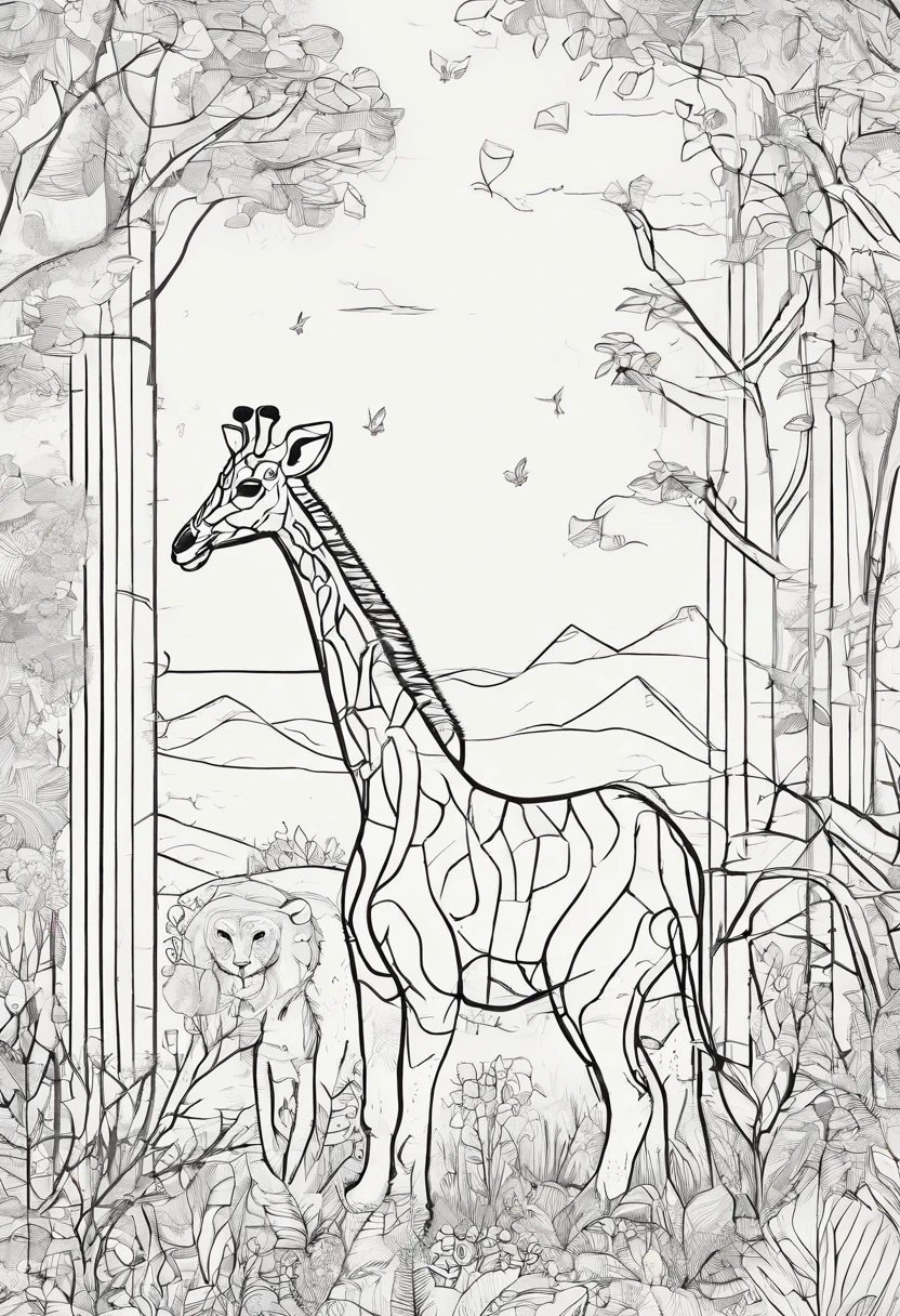 Lion, giraffe,Monkey in a tree,Elephant, tiger,Forest, beautiful nature kids style,animation graphique