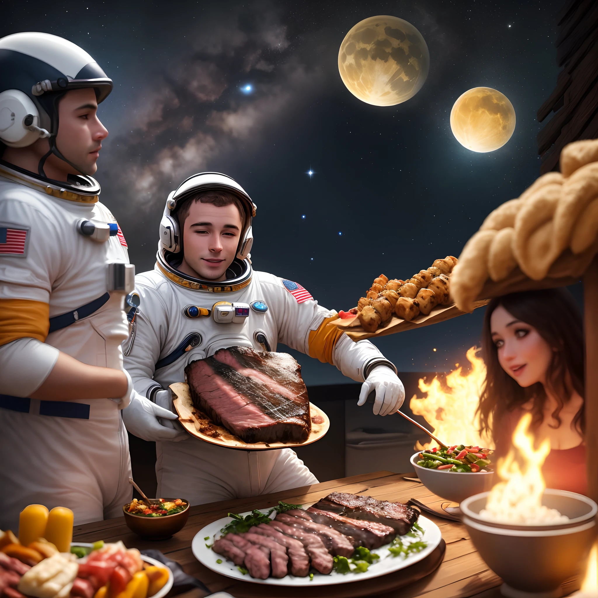 Astronauta em um churrasco na lua