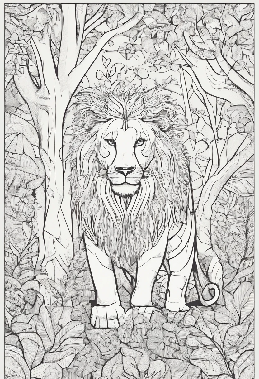 Lion, giraffe,Monkey in a tree,Elephant, tiger,Forest, beautiful nature kids style,animation graphique