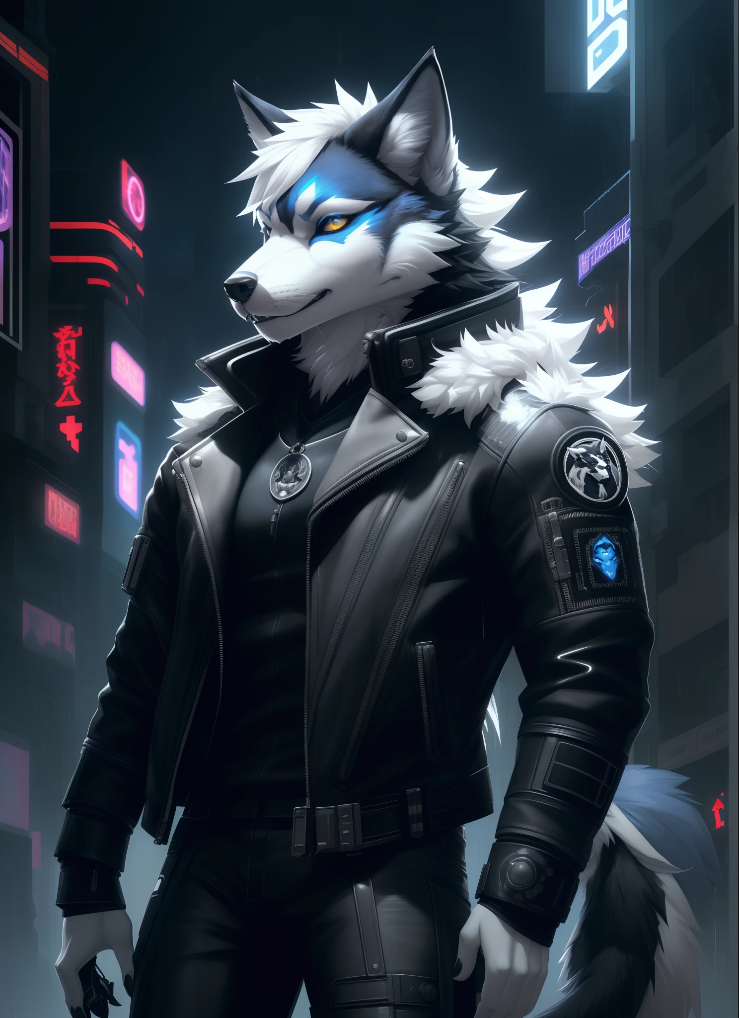 a beautiful portrait of a cute cyberpunk husky wolf hybrid with ((black and white)) fur and wearing a leather jacket.  by sandra chevrier and greg rutkowski and wlop, bright color scheme, high key lighting, volumetric light, digital art, highly detailed, fine detail, intricate, ornate, complex, octane render, unreal engine, photorealistic
award winning beautiful portrait commission of a male furry anthro Blue wolf fursona with a tail and a cute beautiful attractive detailed furry face wearing stylish black cyberpunk clothes in a cyberpunk city at night while it rains. Character design by charlie bowater, ross tran, artgerm, and makoto shinkai, detailed, inked, western comic book art