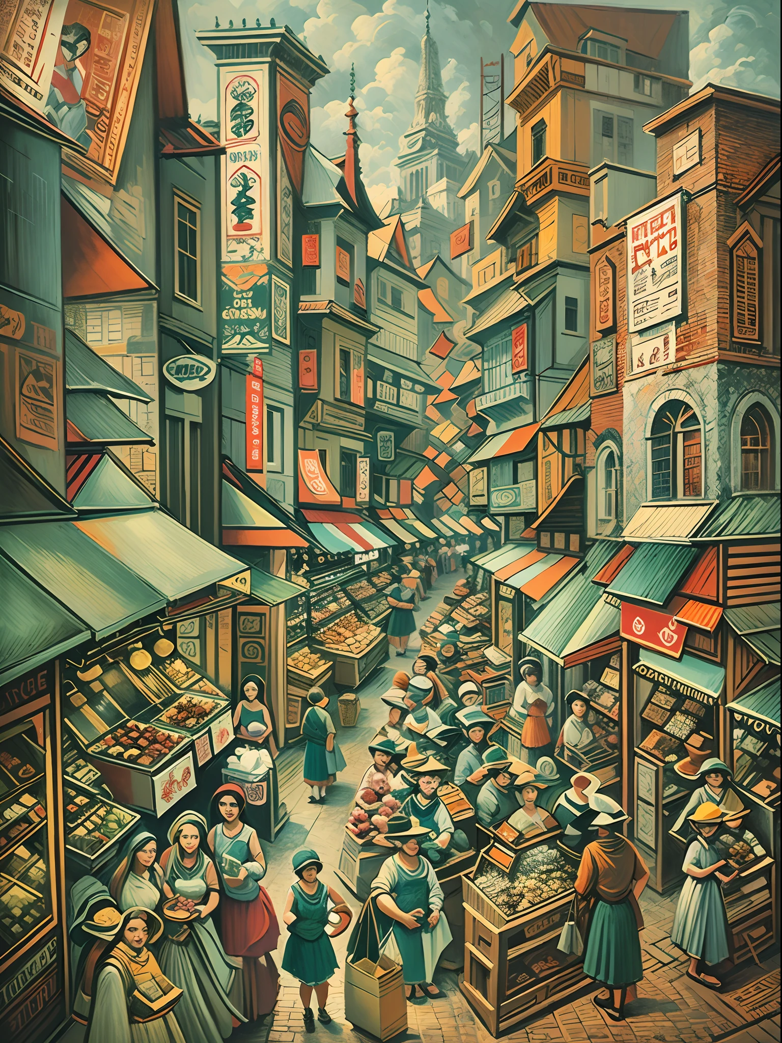 Cubist painting of a bustling city market with different perspectives of people and stalls