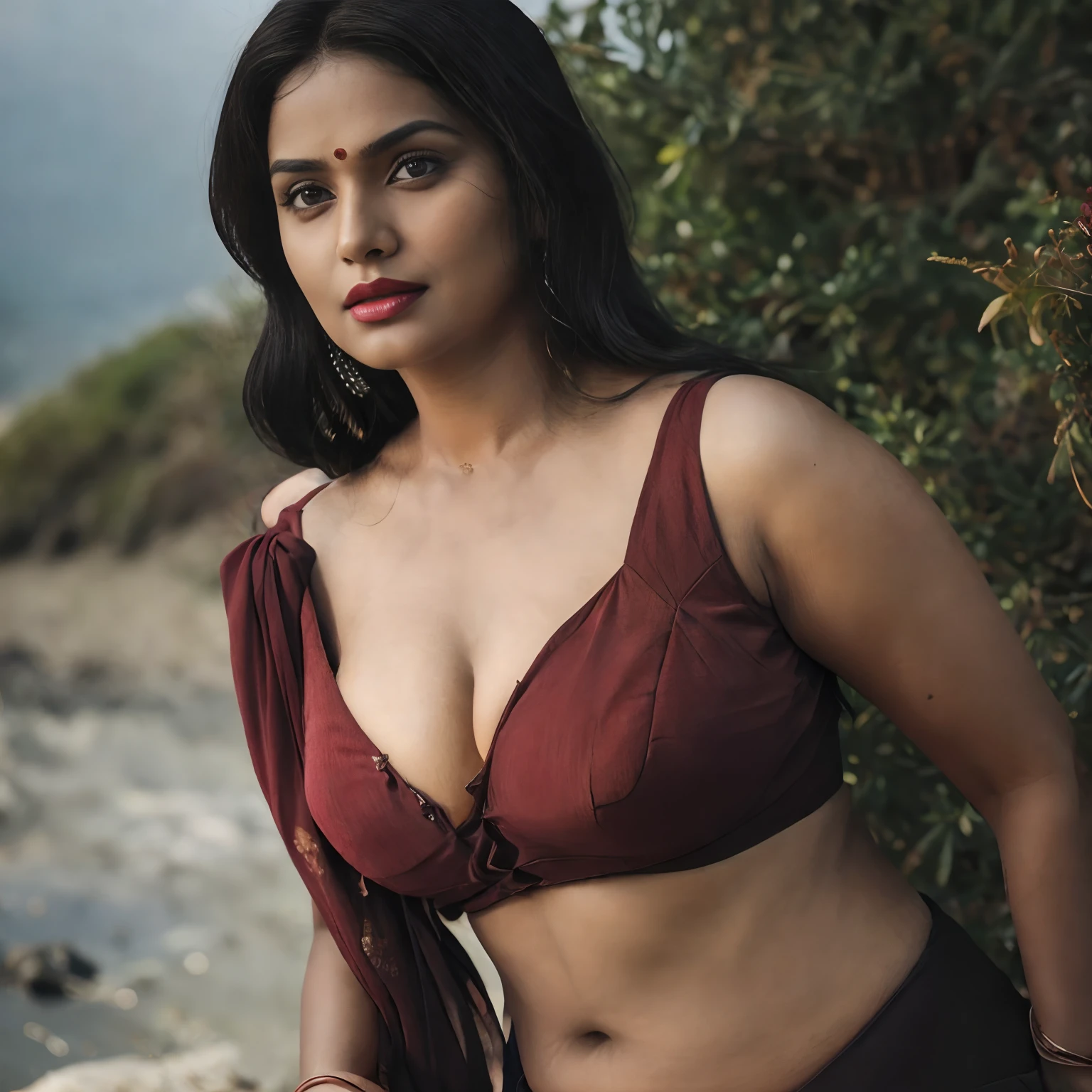 (close up, editorial photograph of a 30 year dusky brown Indian woman), (highly detailed face:1.4) (smile:0.7) (background Beach, sunny day moody, private study:1.3) POV, by lee jeffries, nikon d850, film stock photograph ,4 kodak portrait 400 ,camera f1.6 lens ,rich colors ,hyper realistic ,lifelike texture, dramatic lighting , cinestill 800, realistic, wearing proper red saree with black Blouse , actress, posing!!, candid picture, by Max Dauthendey, round face, quite chubby, firm breasts,  trending on artstation, sharp focus, studio photo, intricate details, highly detailed, looking at the Camera, lusty look, brown skinned, natural makeup, dramatic ligting, red lips, Dusky brown skinned woman, detailed skin texture, seductive look, chubby boddy, huge Clevage visible, low angle shot, bended posture,