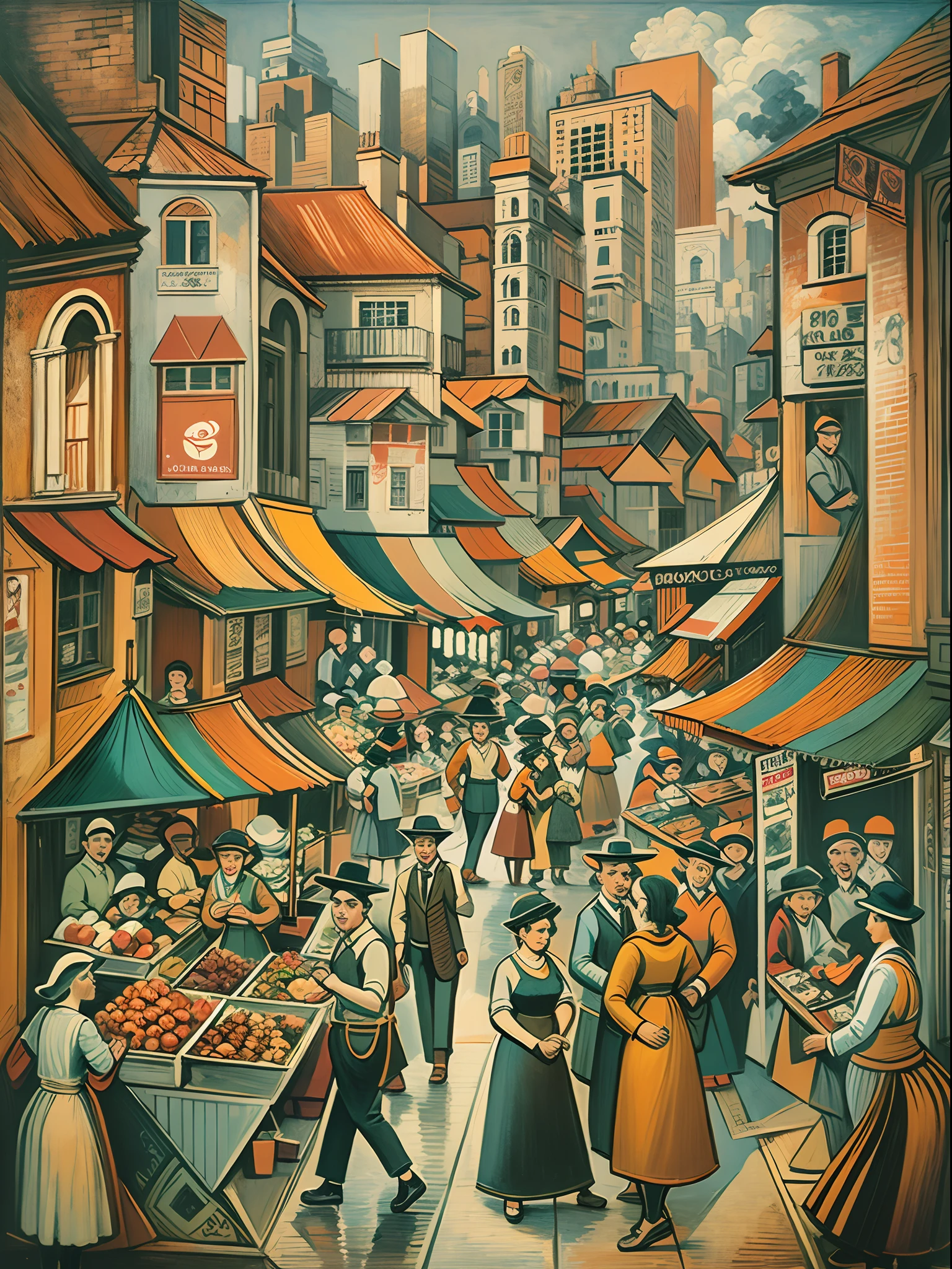 Cubist painting of a bustling city market with different perspectives of people and stalls