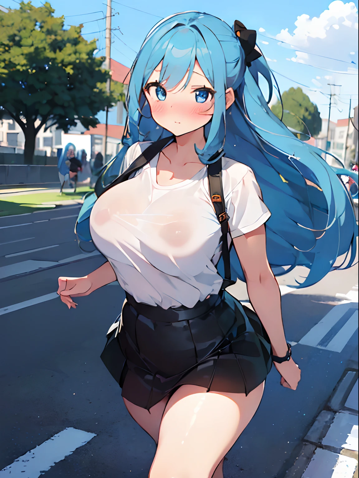 Masterpiece, high resolution, extremely detailed, realistic, 1 girl, (((cute face, (young), slightly chubby, cute eyes, long sky blue hair, bright blue eyes, blushing, embarressed, running, tight white shirt, tight black skirt, breast bouncing, looking at viewer))), ((in park))
