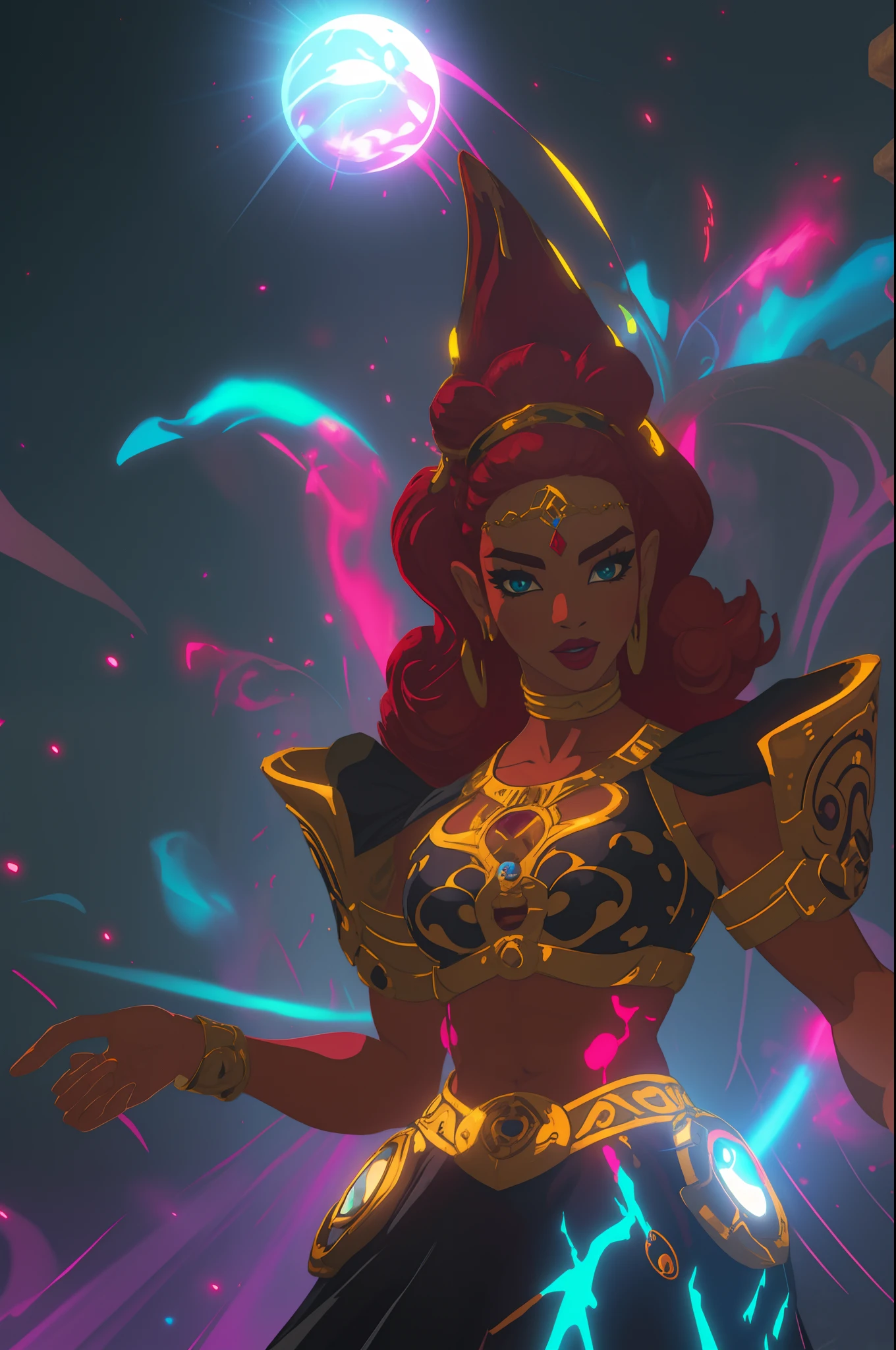 a rave girl detailed expression, vibrant colors, chiaroscuro lighting, , fiery red hair, intricate curls, confident gaze, smoky eye makeup, luscious lush voluptuous thick red lips, eccentric hairstyle, expressive hands, playful and mischievous demeanor, luxurious and flowing with black light body paint, dancing under a black light. blacklight neon Trippy Psytrance Blacklight UV reactive cape botw style