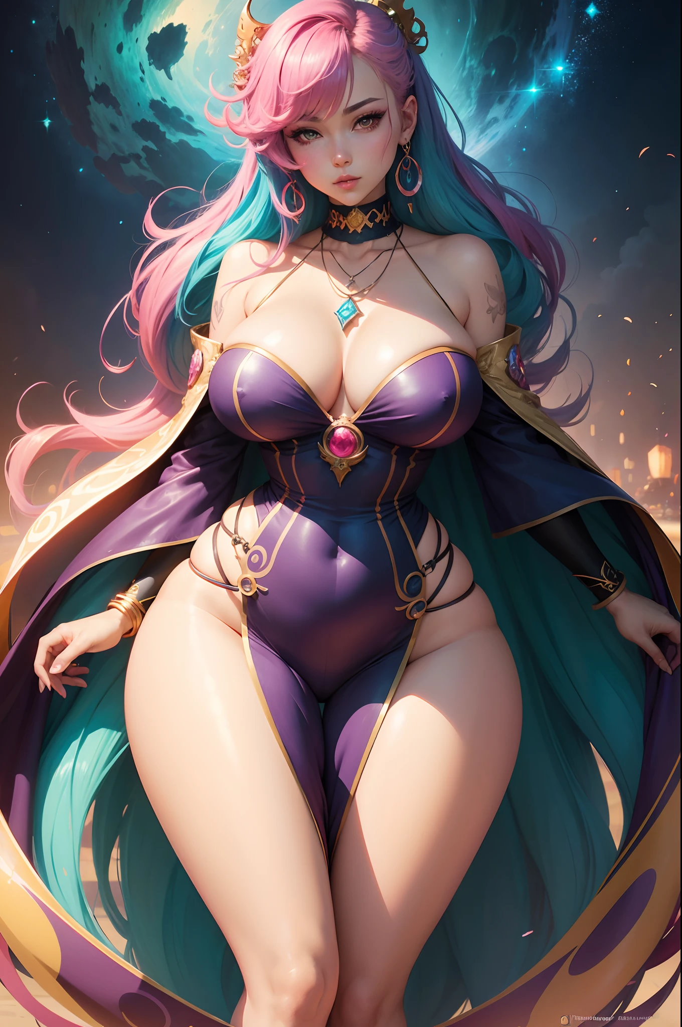 a close up of a woman with colorful hair and a necklace, anime woman with cosmic hair, curves, large hips, large ass, large breasts, large thick thighs, rossdraws pastel vibrant, artwork in the style of guweiz, fantasy art style, colorful]”, vibrant fantasy style, rossdraws cartoon vibrant, cosmic and colorful, guweiz, colorfull digital fantasy art, stunning art style, beautiful anime style