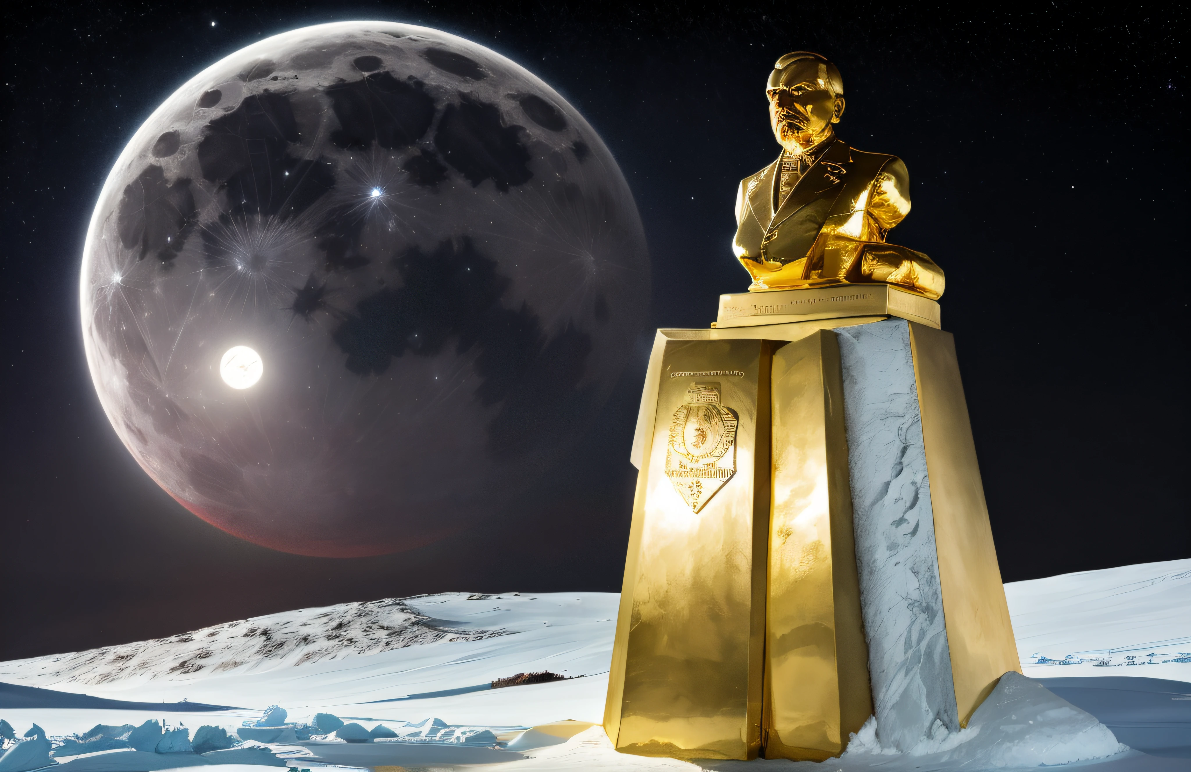 lenin's statue made of solid 24 carat gold, glistening in the polar moonlight