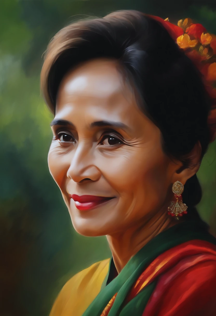 Daw Aung San SUU Kyi of Myanmar, detailed Portrait painting, gentle smile, looking at viewers,