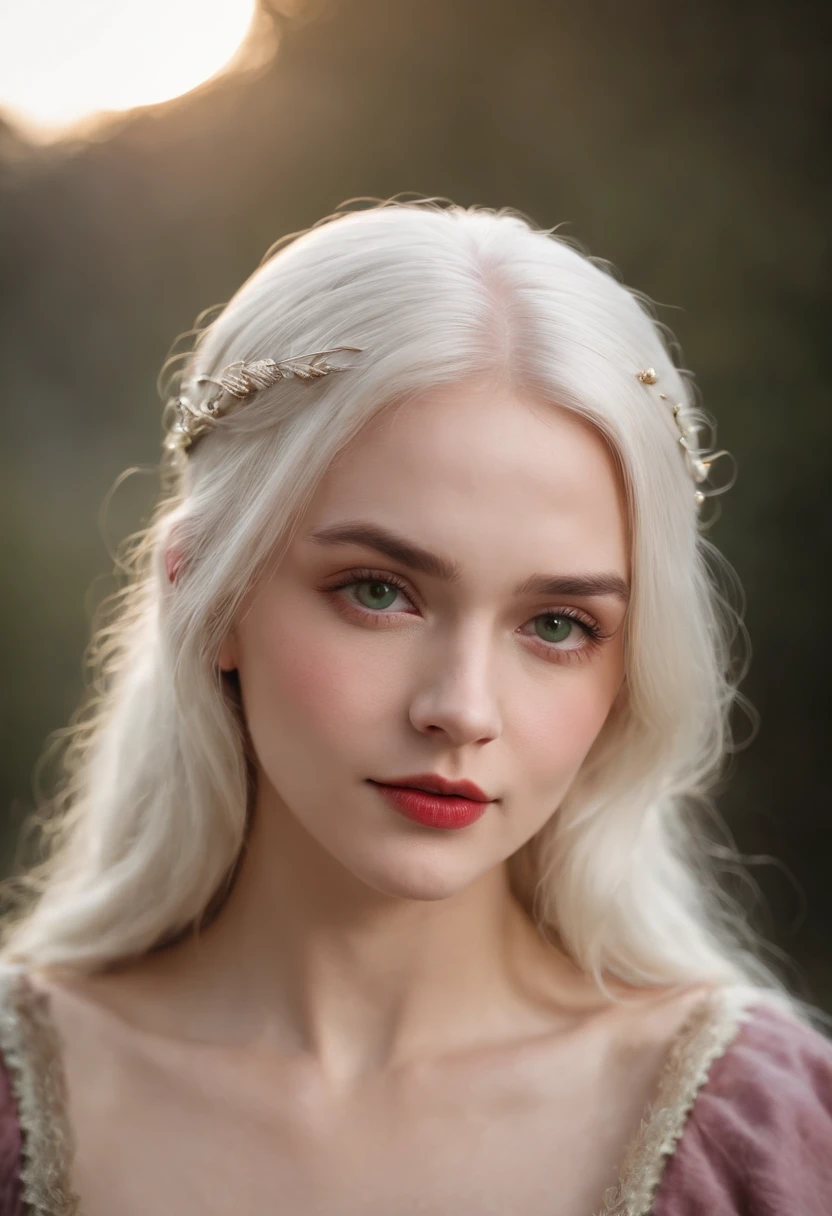 (((a deep reddish wound crosses her left cheek))) fair complexion, woman around 19 years old, natural white hair, distinctive green eyes, wearing kohl, slender and graceful, beautiful, candlelight in a medieval setting, ultra sharp focus, realistic shot, medieval female clothes, tetradic colors (scar:1.4)