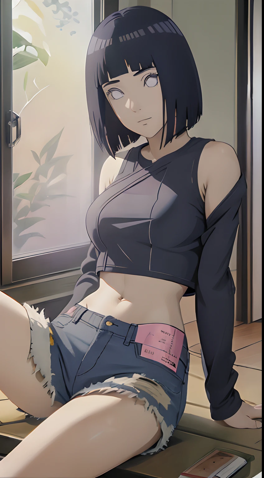 masterpiece, absurdres,hinata\(boruto\), 1girl,mature female, solo, crop top,denim shorts,wine,looking at viewer, caustics, sitting, crossed legs, bed, window