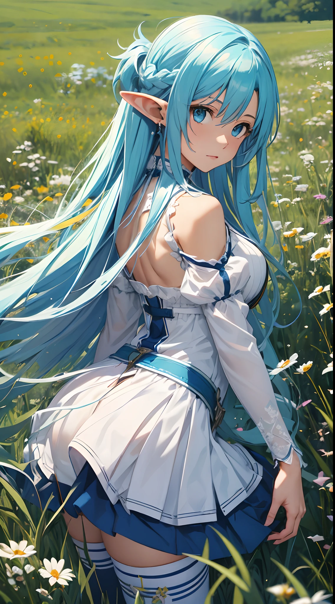 masterpiece, best quality, highres, bbasuna, long hair, blue hair, blue eyes, pointy ears, white dress, detached sleeves, blue thighhighs, from side, field, cowboy shot