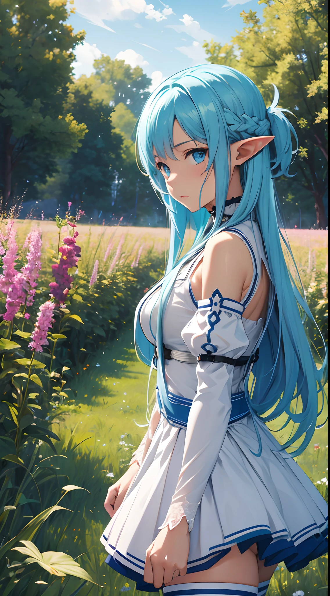 masterpiece, best quality, highres, bbasuna, long hair, blue hair, blue eyes, pointy ears, white dress, detached sleeves, blue thighhighs, from side, field, cowboy shot