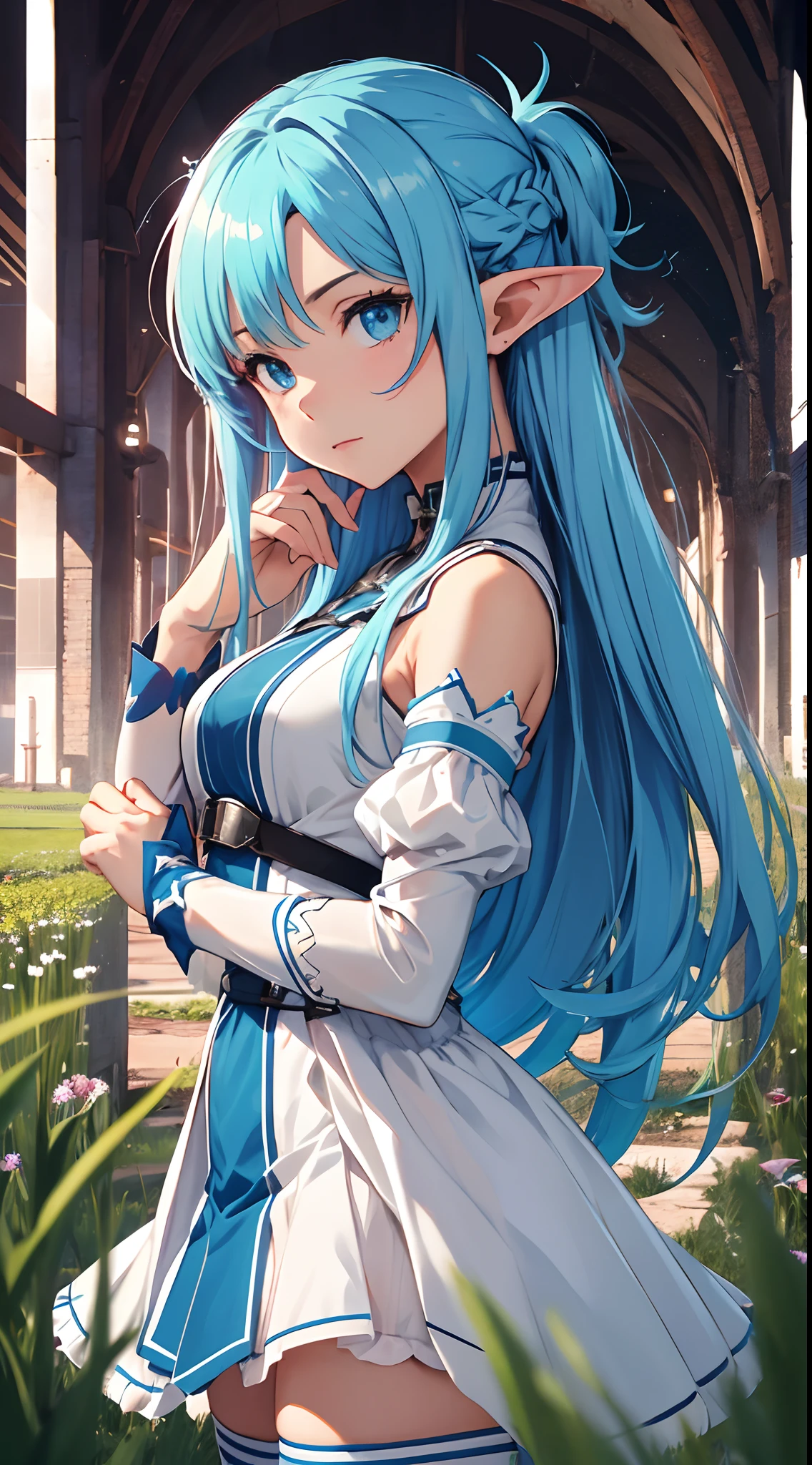 masterpiece, best quality, highres, bbasuna, long hair, blue hair, blue eyes, pointy ears, white dress, detached sleeves, blue thighhighs, from side, field, cowboy shot