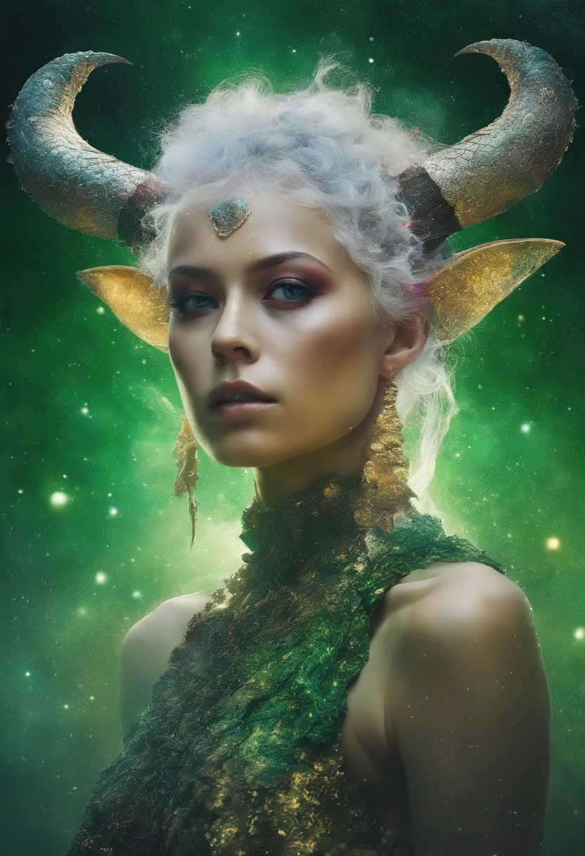 a photograph Galaxies, espirais, outer space, Nebulosas, estrelas, smoke billowing,espatacular imagem, detalhe intrincado,Hand-drawn sketch illustration of a beautiful tiefling with green and white hair, tatuagem,(((olhos azuis))), symmetrical dragon horns,detalhes em dourado na roupa, 插圖, watercolor sketch,, octane rendering, 8k hiper realista, Textura realista, Unreal Natural Lighting Engine, cinestill 800, (mola a 35mm | | | | |)
