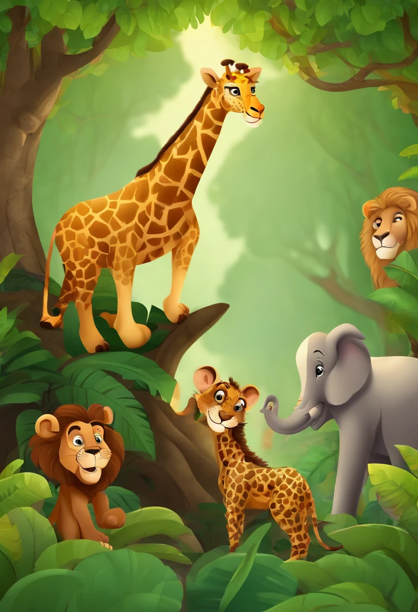 Lion, giraffe,Monkey in a tree,Elephant, tiger,Forest, beautiful nature kids style,animation graphique