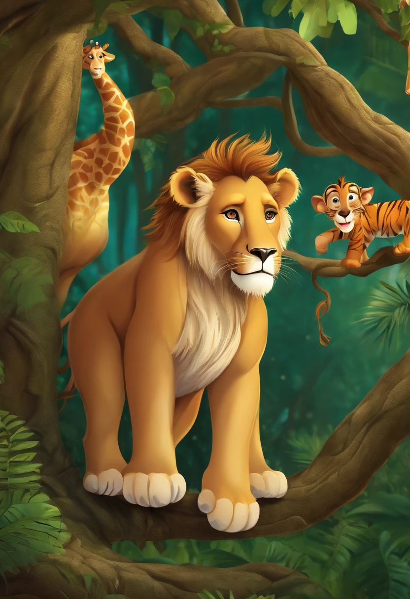 Lion, giraffe,Monkey in a tree,Elephant, tiger,Forest, beautiful nature kids style,animation graphique