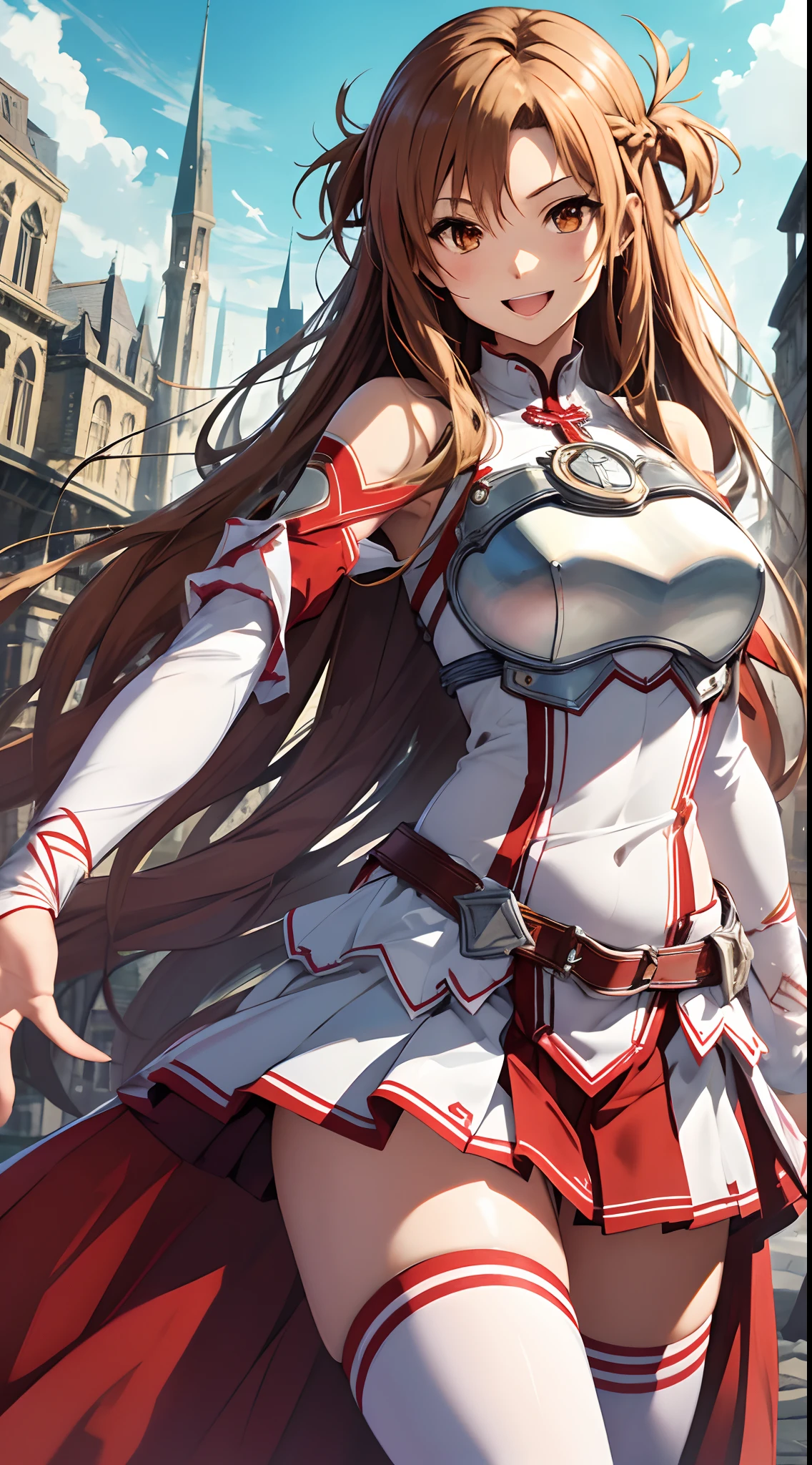 masterpiece, best quality, highres, aaasuna, long hair, brown hair, braid, brown eyes, bare shoulders, armor, breastplate, white sleeves, detached sleeves, red skirt, pleated skirt, white thighhighs, waving, smile, leaning forward, open mouth, town, fantasy