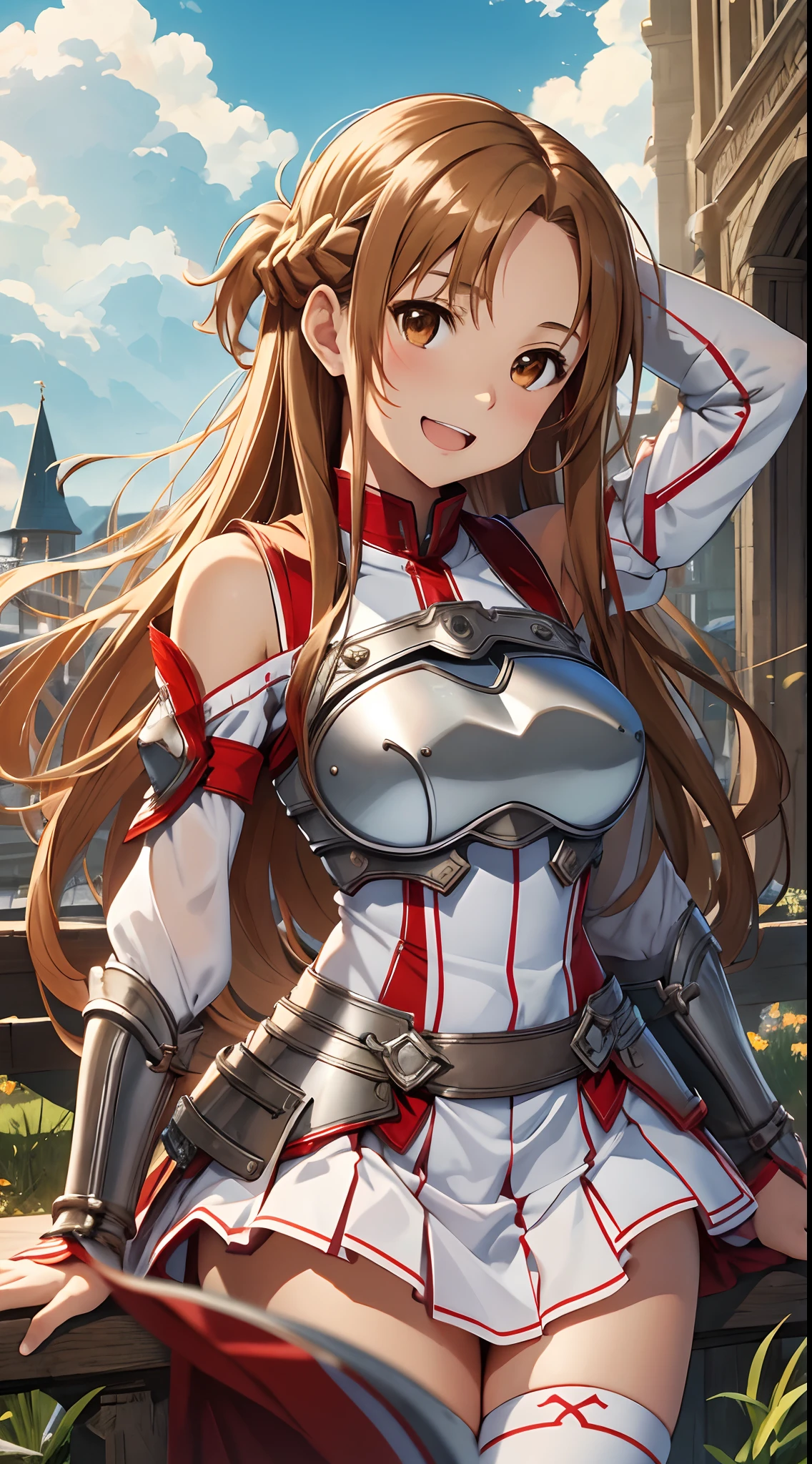 masterpiece, best quality, highres, aaasuna, long hair, brown hair, braid, brown eyes, bare shoulders, armor, breastplate, white sleeves, detached sleeves, red skirt, pleated skirt, white thighhighs, waving, smile, leaning forward, open mouth, town, fantasy