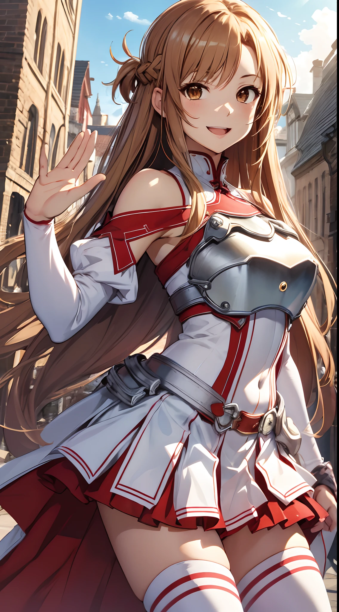 masterpiece, best quality, highres, aaasuna, long hair, brown hair, braid, brown eyes, bare shoulders, armor, breastplate, white sleeves, detached sleeves, red skirt, pleated skirt, white thighhighs, waving, smile, leaning forward, open mouth, town, fantasy