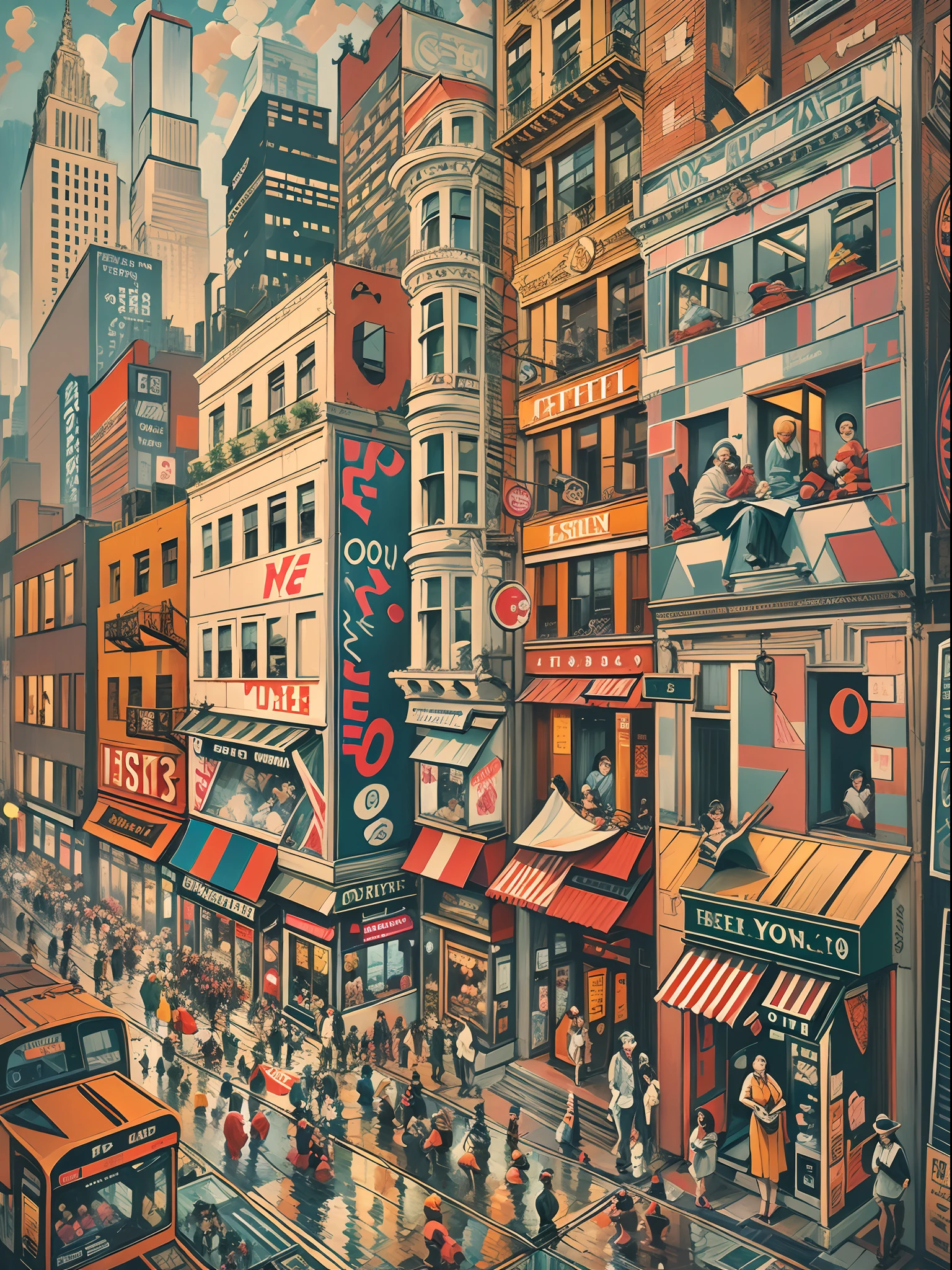 Cubist painting of a bustling New York city street with different perspectives of people and shops