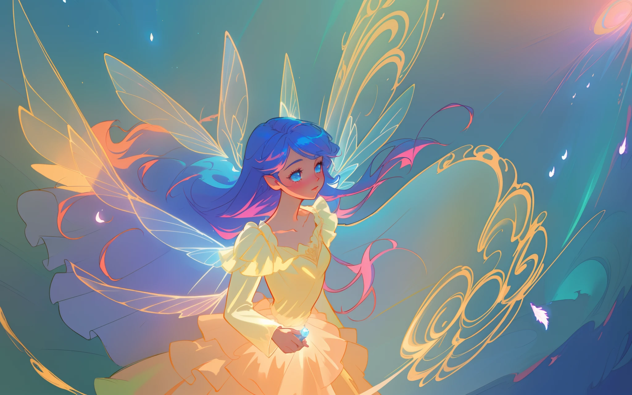 beautiful anime girl in flowing long sleeve ruffle layered ballgown, ((tiered layered ballgown)), ((fairy wings)), inspired by Glen Keane, inspired by Lois van Baarle, (disney art style), by Lois van Baarle, glowing aura around her, by Glen Keane, jen bartel, glowing lights! digital painting, flowing glowing hair, glowing flowing hair, beautiful digital illustration, fantasia background, whimsical, magical, fantasy, ((masterpiece, best quality)), intricate details, highly detailed, sharp focus, 8k resolution, sparkling detailed eyes, liquid watercolor, swirling magical lines of light. pastel colors