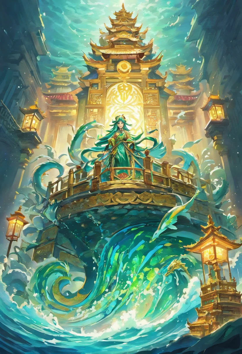 1. Chinese mythology, East Sea Green Snake, Majestic, Powerful, (Ancient deities:1.3), (Serpentine:1.2), (Beard and mustache:0.8), (Whiskers:0.9), (Huge size:1.5), scales, Vibrant colors, Shimmering water, (the reef:1.1), (Golden crown:1.2), (Dragon-shaped throne:1.4), (Flowing robes:1.1), (Dragon-shaped beard ornaments:1.3), (Emerald eyes:1.2), (pearls necklace:1.2), (Golden Trident:1.4), (levitating:1.1), (Sky clouds:1.3), (shimmering dazzling lighting:1.2), (Crashing waves:1.3), (A palace full of treasures:1.5), (Schools of colorful fish:1.2), (an underwater city:1.4), magnifica, Mythical, Magnificent, Extensive and detailed, standing apart, Traditional Chinese architecture.The characters are small