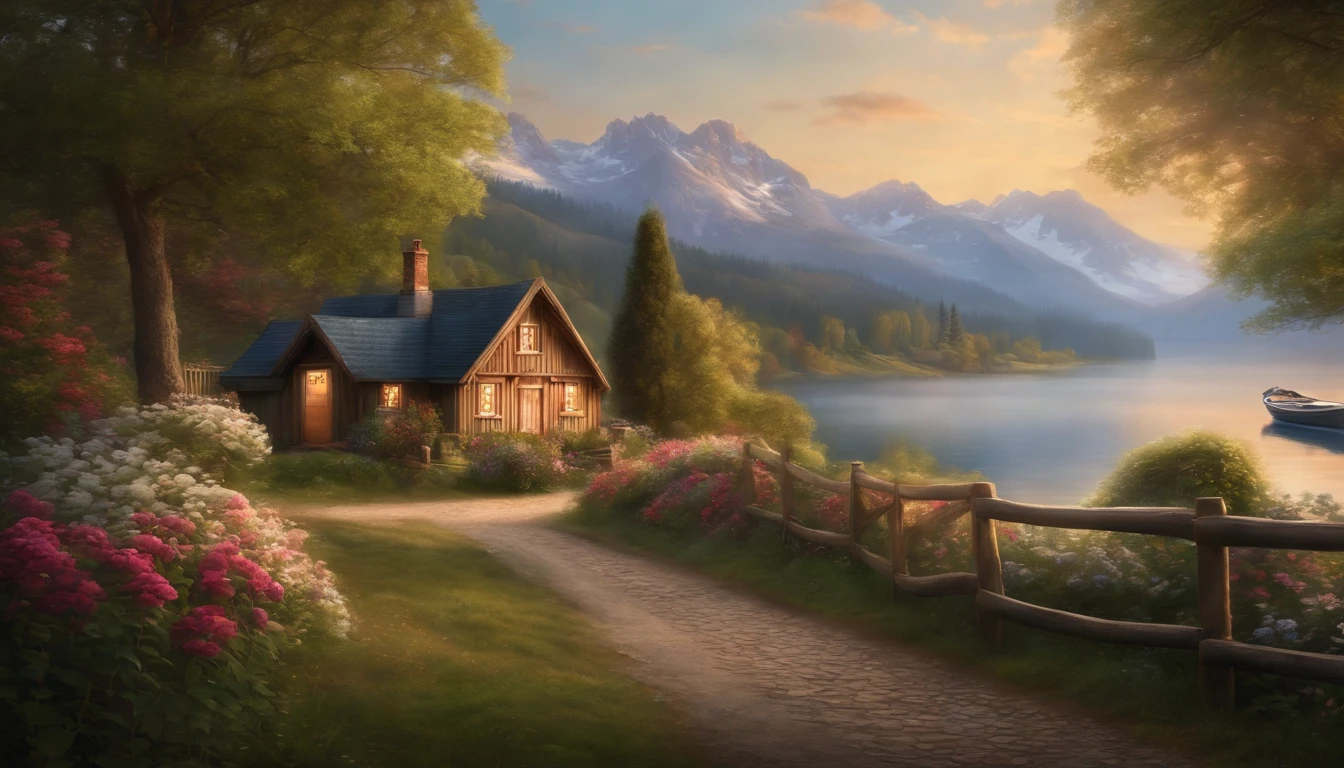 painting of a cottage, flowers beside of fence, fence along the road,  mountain landscape with a lake and a boat, illustration matte painting,  inspired by Thomas Kinkade, symmetric matte painting, detailed scenery , style raw, 8 k ultra detailed