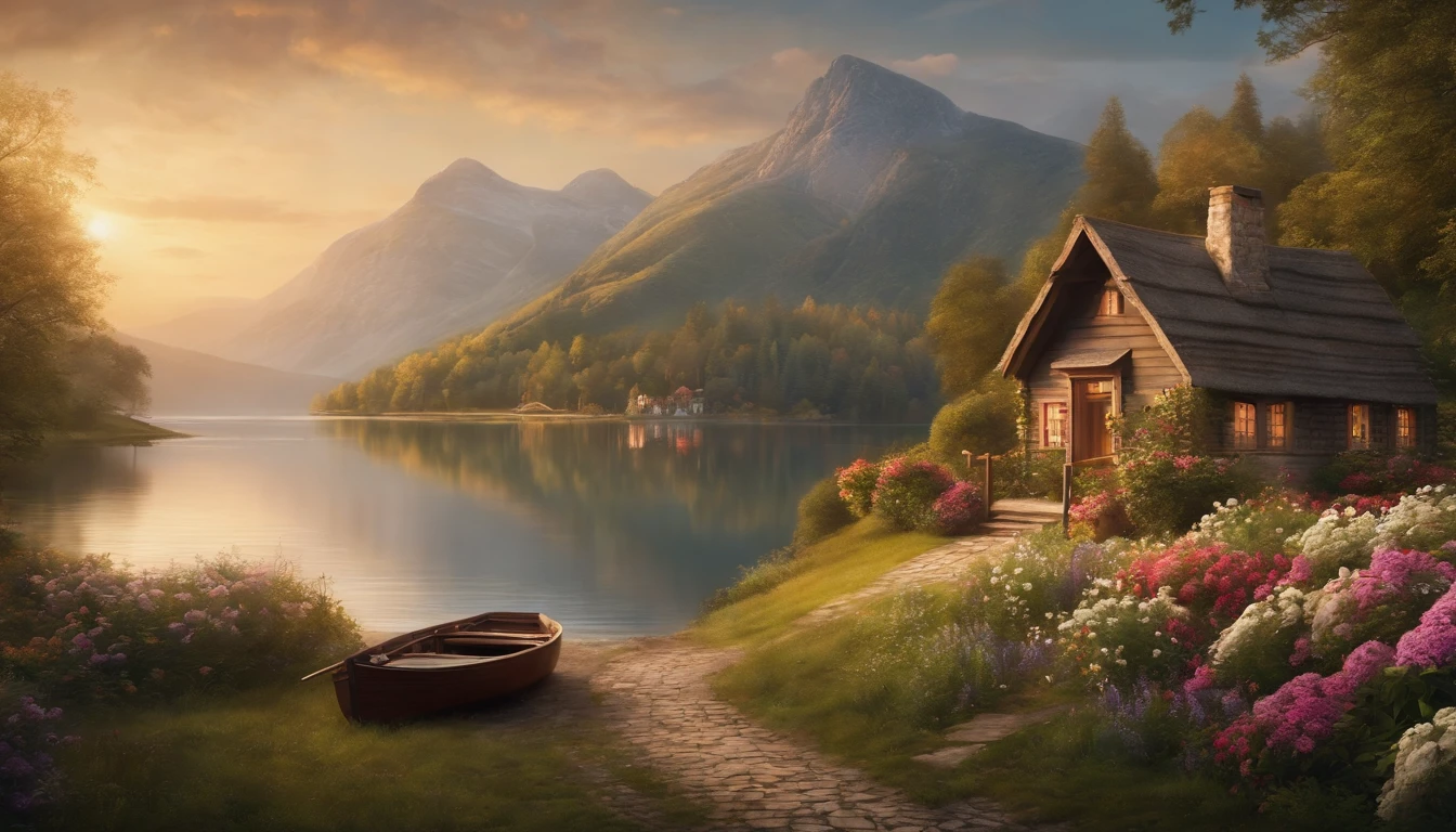 painting of a cottage, flowers beside of fence, fence along the road, mountain landscape with a lake and a boat, illustration matte painting, inspired by Thomas Kinkade, symmetric matte painting, detailed scenery , style raw, 8 k ultra detailed