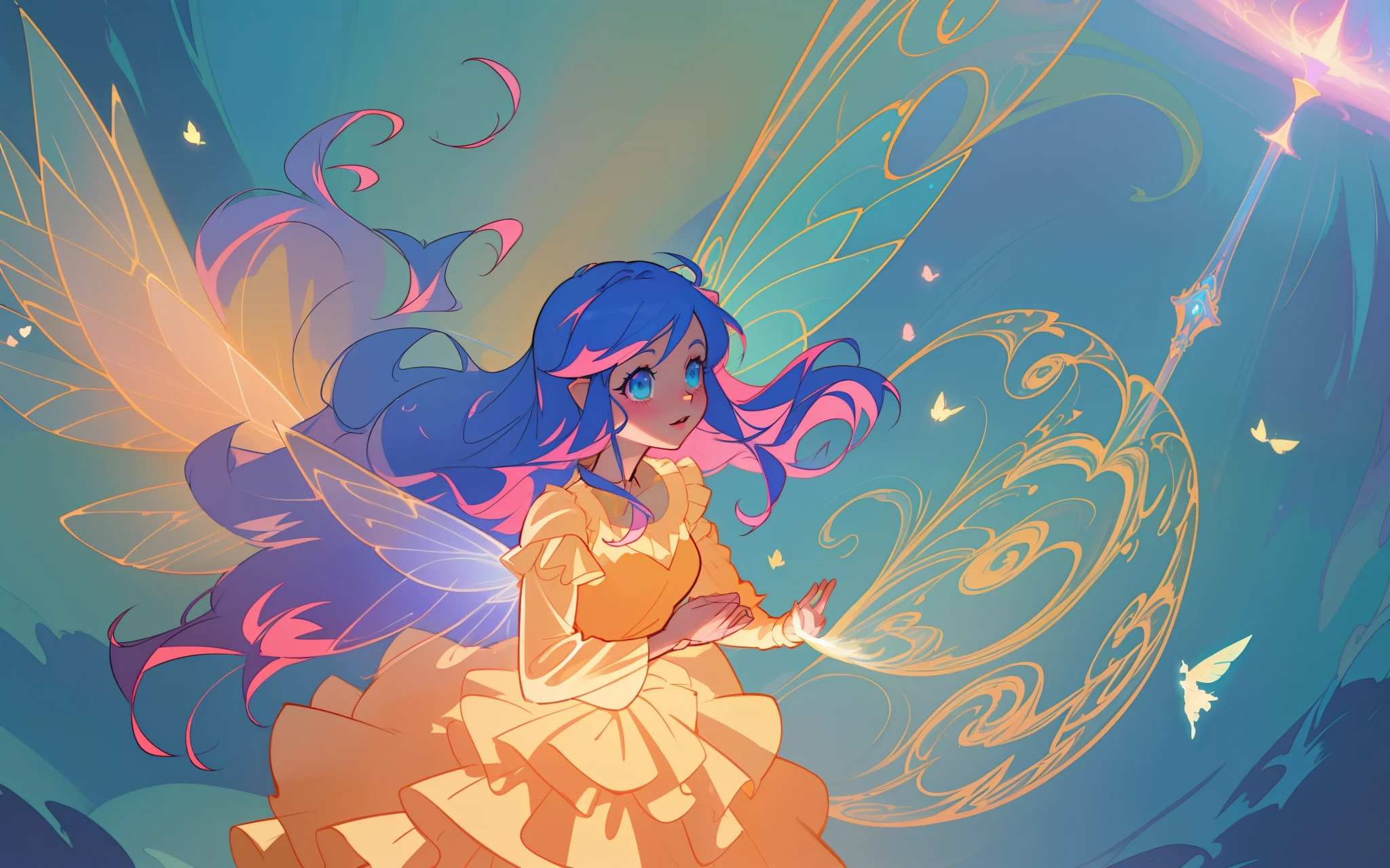 beautiful anime girl in flowing long sleeve ruffle layered ballgown, ((tiered layered ballgown)), ((fairy wings)), inspired by Glen Keane, inspired by Lois van Baarle, (disney art style), by Lois van Baarle, glowing aura around her, by Glen Keane, jen bartel, glowing lights! digital painting, flowing glowing hair, glowing flowing hair, beautiful digital illustration, fantasia background, whimsical, magical, fantasy, ((masterpiece, best quality)), intricate details, highly detailed, sharp focus, 8k resolution, sparkling detailed eyes, liquid watercolor, swirling magical lines of light. pastel colors