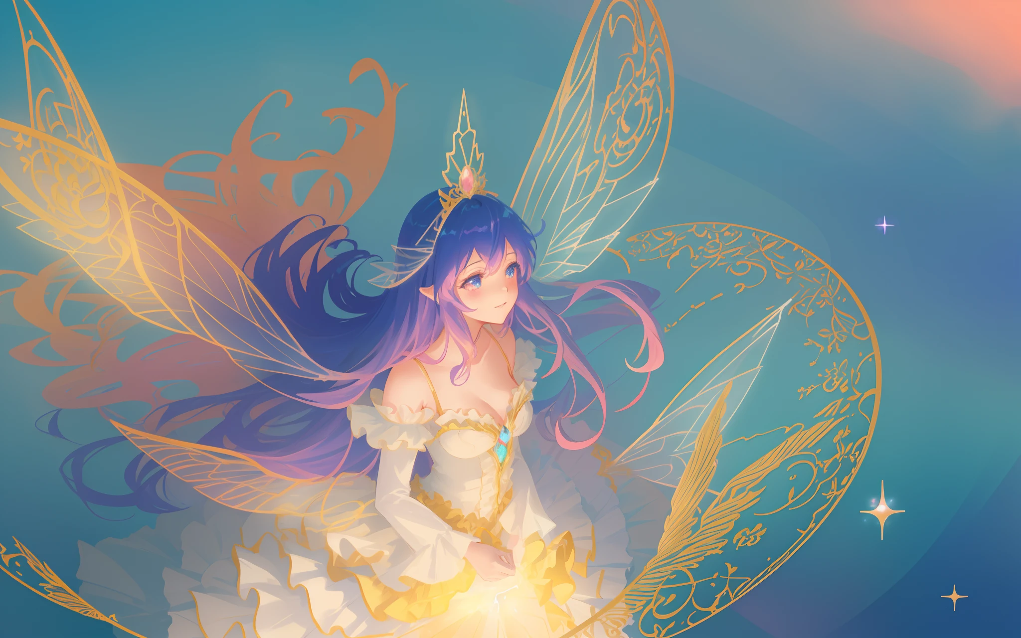 beautiful anime girl in flowing long sleeve ruffle layered ballgown, ((tiered layered ballgown)), ((fairy wings)), inspired by Glen Keane, inspired by Lois van Baarle, (disney art style), by Lois van Baarle, glowing aura around her, by Glen Keane, jen bartel, glowing lights! digital painting, flowing glowing hair, glowing flowing hair, beautiful digital illustration, fantasia background, whimsical, magical, fantasy, ((masterpiece, best quality)), intricate details, highly detailed, sharp focus, 8k resolution, sparkling detailed eyes, liquid watercolor, swirling magical lines of light. pastel colors