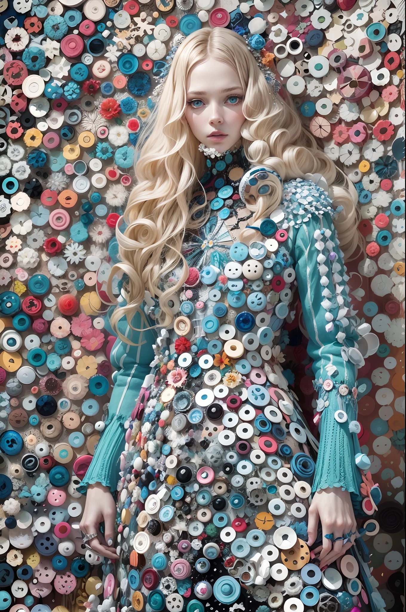 A stylish woman with long blonde hair and blue eyes, wearing a unique outfit made of piles of buttons of clothes of various sizes and colors, weird fashion, weird and beautiful, themed fashion style, photo magazine, (by Tim Walker & Alexander McQueen & Iris van Herpen), surreal photography, high contrast, featured on Vogue, indoor studio, artistic details, high resolution