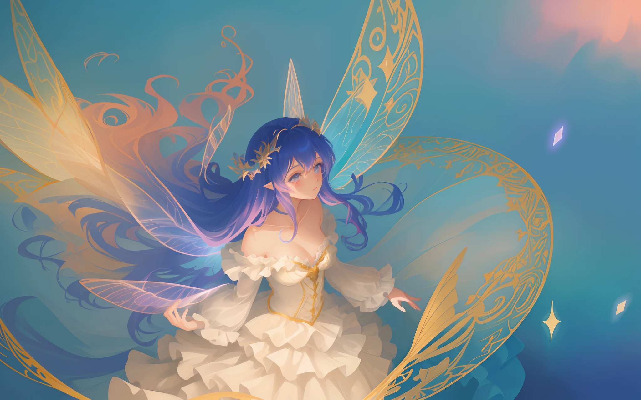 beautiful anime girl in flowing long sleeve ruffle layered ballgown, ((tiered layered ballgown)), ((fairy wings)), inspired by Glen Keane, inspired by Lois van Baarle, (disney art style), by Lois van Baarle, glowing aura around her, by Glen Keane, jen bartel, glowing lights! digital painting, flowing glowing hair, glowing flowing hair, beautiful digital illustration, fantasia background, whimsical, magical, fantasy, ((masterpiece, best quality)), intricate details, highly detailed, sharp focus, 8k resolution, sparkling detailed eyes, liquid watercolor, swirling magical lines of light. pastel colors