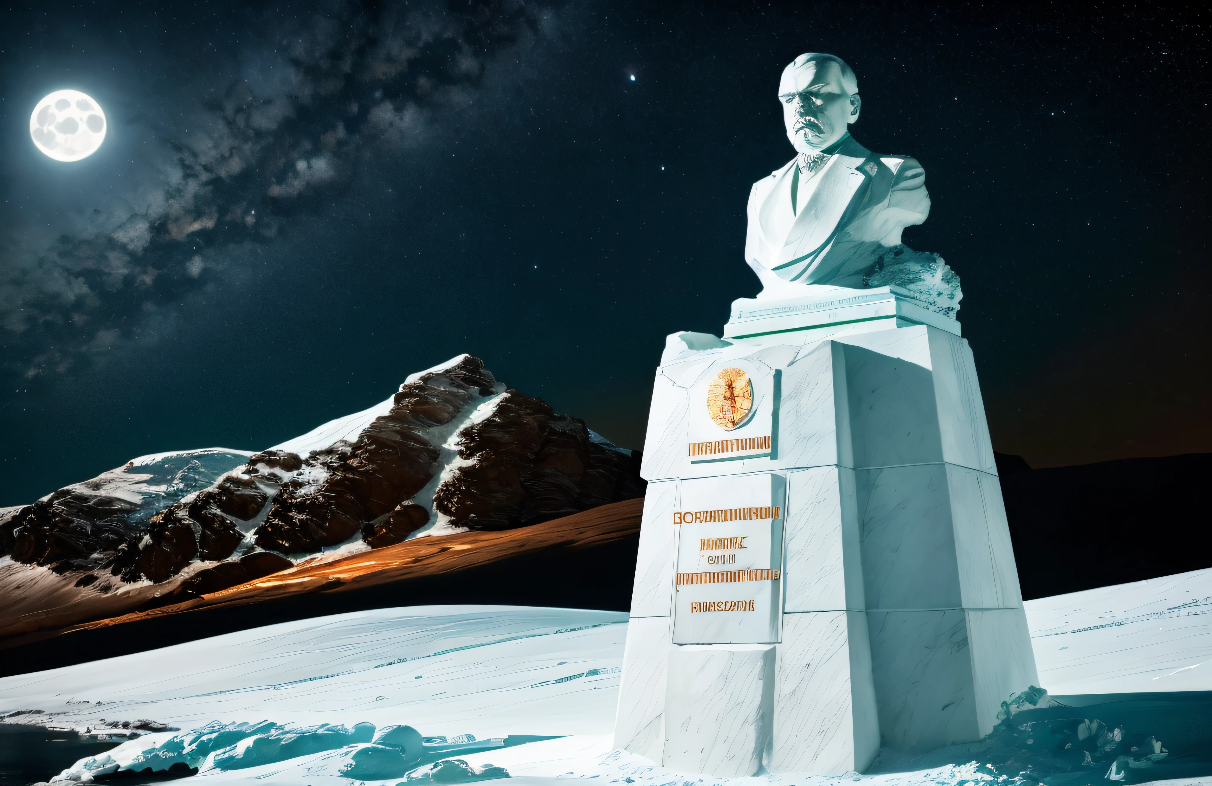 lenin's statue made of solid 24 marble, imposing in the polar moonlight