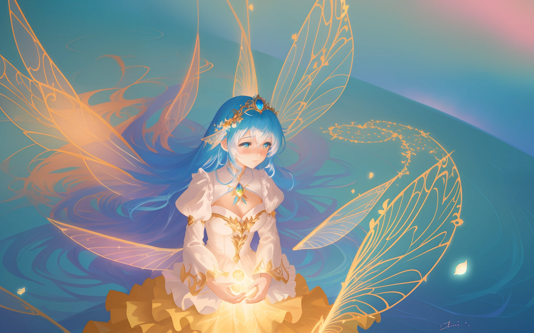 beautiful anime girl in flowing long sleeve ruffle layered ballgown, ((tiered layered ballgown)), ((fairy wings)), inspired by Glen Keane, inspired by Lois van Baarle, (disney art style), by Lois van Baarle, glowing aura around her, by Glen Keane, jen bartel, glowing lights! digital painting, flowing glowing hair, glowing flowing hair, beautiful digital illustration, fantasia background, whimsical, magical, fantasy, ((masterpiece, best quality)), intricate details, highly detailed, sharp focus, 8k resolution, sparkling detailed eyes, liquid watercolor, swirling magical lines of light. pastel colors