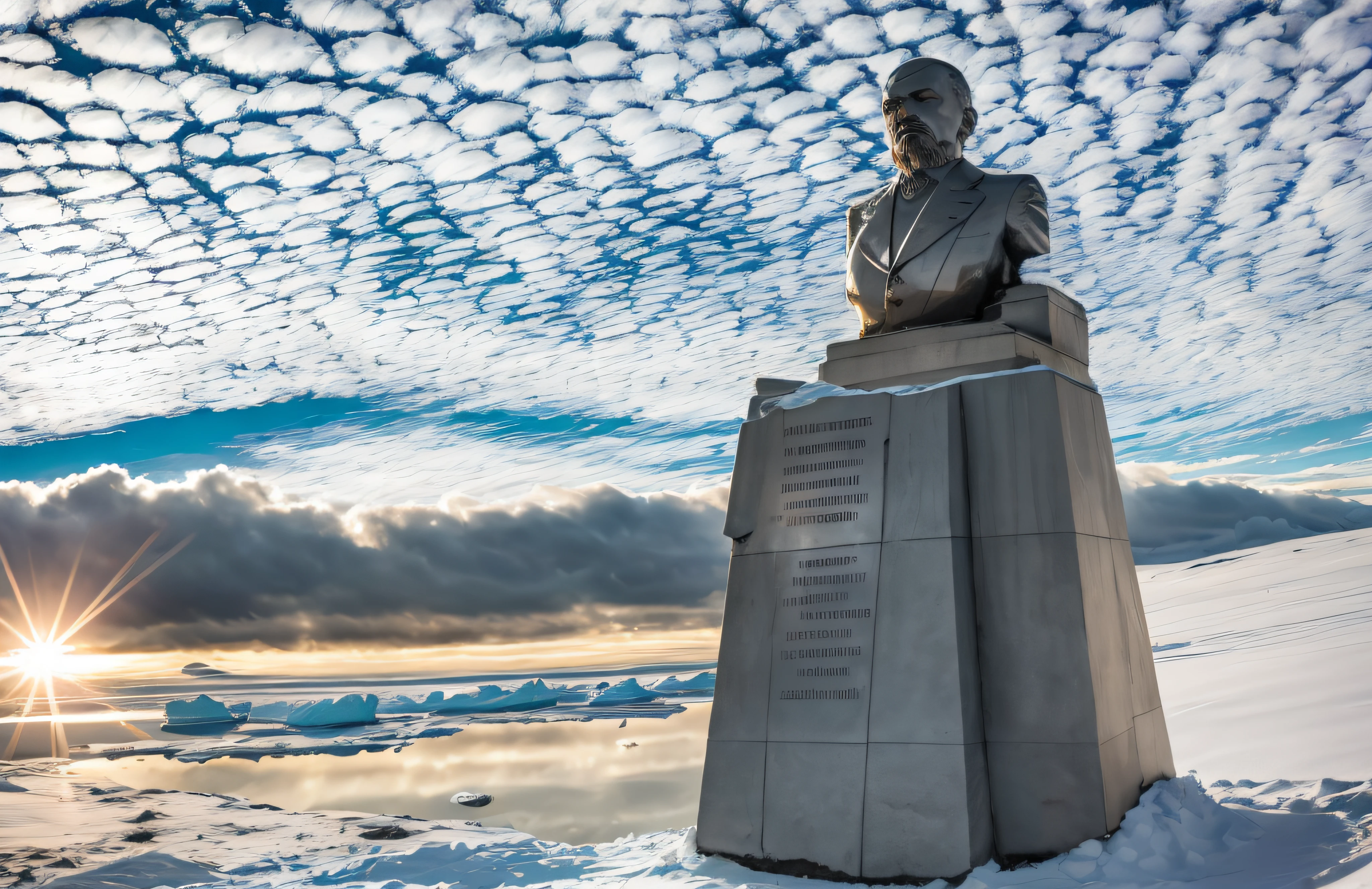 lenin's statue made of solid granite and silver, glistening in the polar sunlight