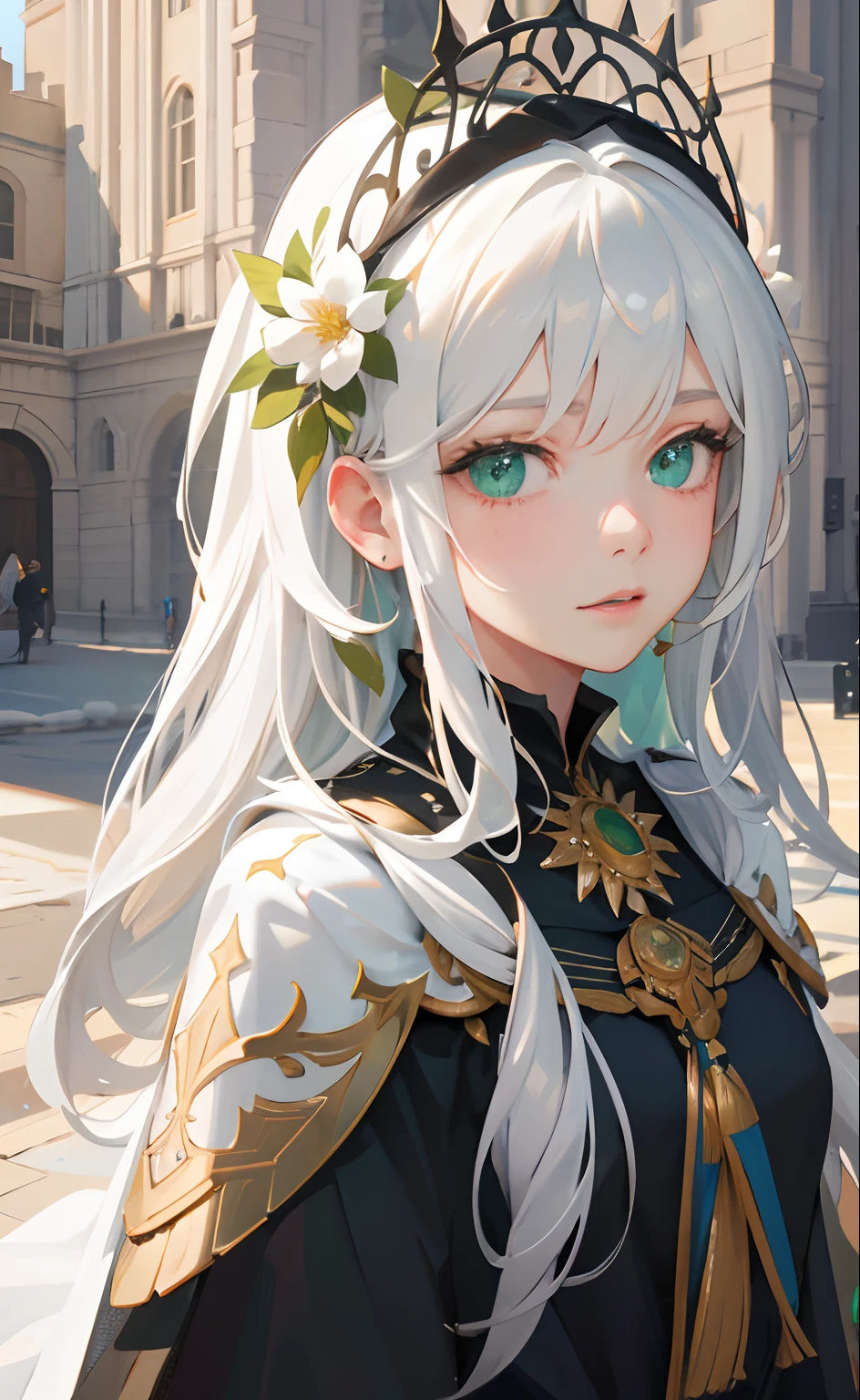 masterpiece, best quality, (white long hair: 1.7), (beautiful green eyes: 1.7), (short black cape: 1.3). (modern city: 1.5), girl, flower on the head, ((High Detail Skin, Visible Pores)), (Perfect Figure), A Beautiful Girl, Side Light, (Fine Beautiful Eyes: 1.2), (Masterpiece), Portrait, (Bust), Realistic, Anatomically Correct, 3D Face, Sweet Skin, Cute Face