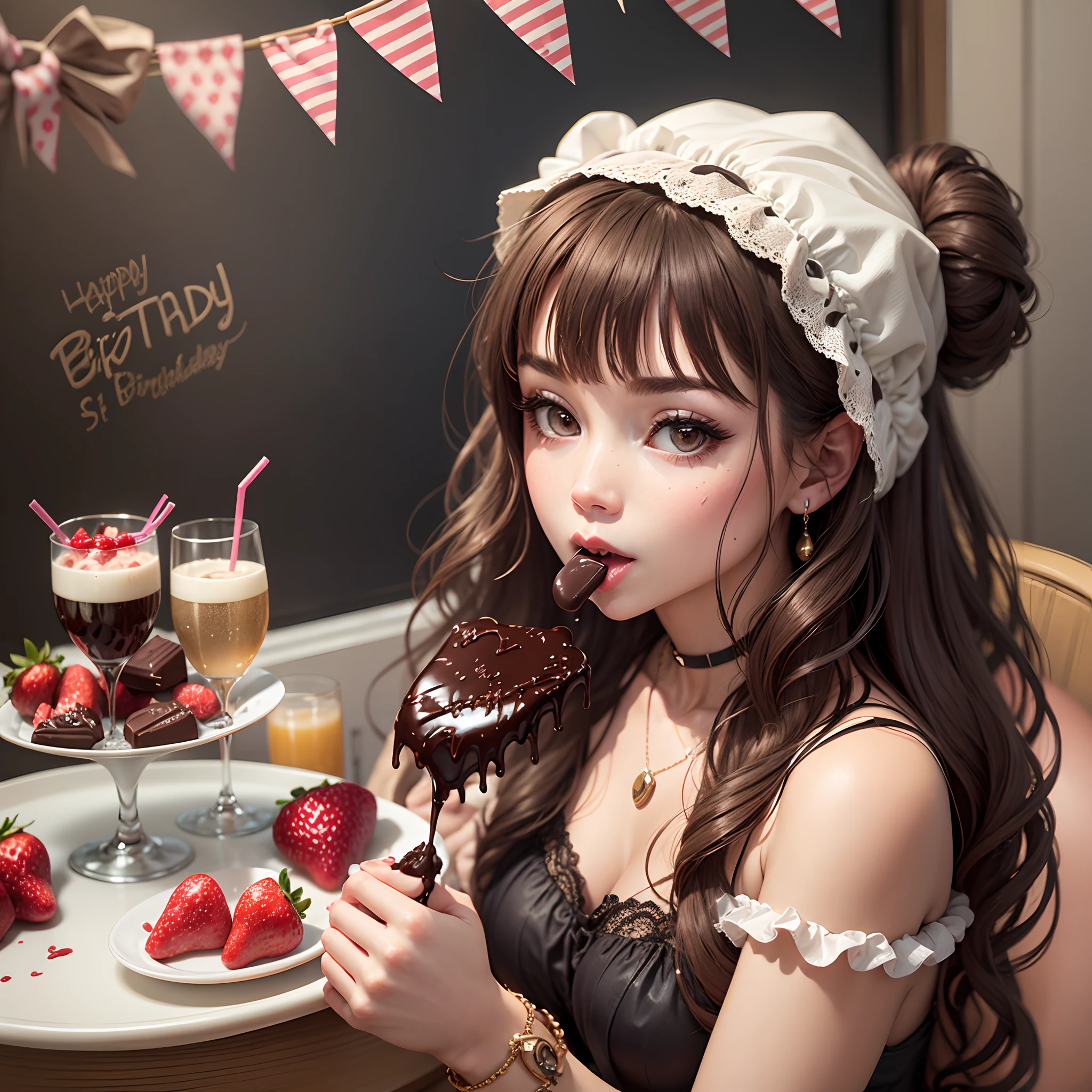 Birthday girl eating chocolate covered strawberries while sipping champagne with her friends --auto --s2