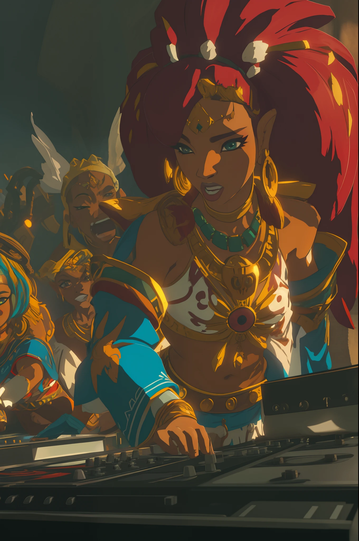 anizonian females at a traditional tribe tribe make up shock intrigued surprised looking at dj viynls decks the unknown botw style