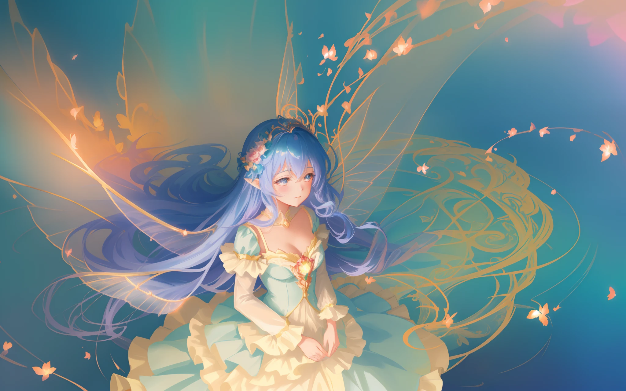beautiful anime girl in flowing long sleeve ruffle layered ballgown, ((tiered layered ballgown)), ((fairy wings)), inspired by Glen Keane, inspired by Lois van Baarle, (disney art style), by Lois van Baarle, glowing aura around her, by Glen Keane, jen bartel, glowing lights! digital painting, flowing glowing hair, glowing flowing hair, beautiful digital illustration, fantasia background, whimsical, magical, fantasy, ((masterpiece, best quality)), intricate details, highly detailed, sharp focus, 8k resolution, sparkling detailed eyes, liquid watercolor, swirling magical lines of light. pastel colors