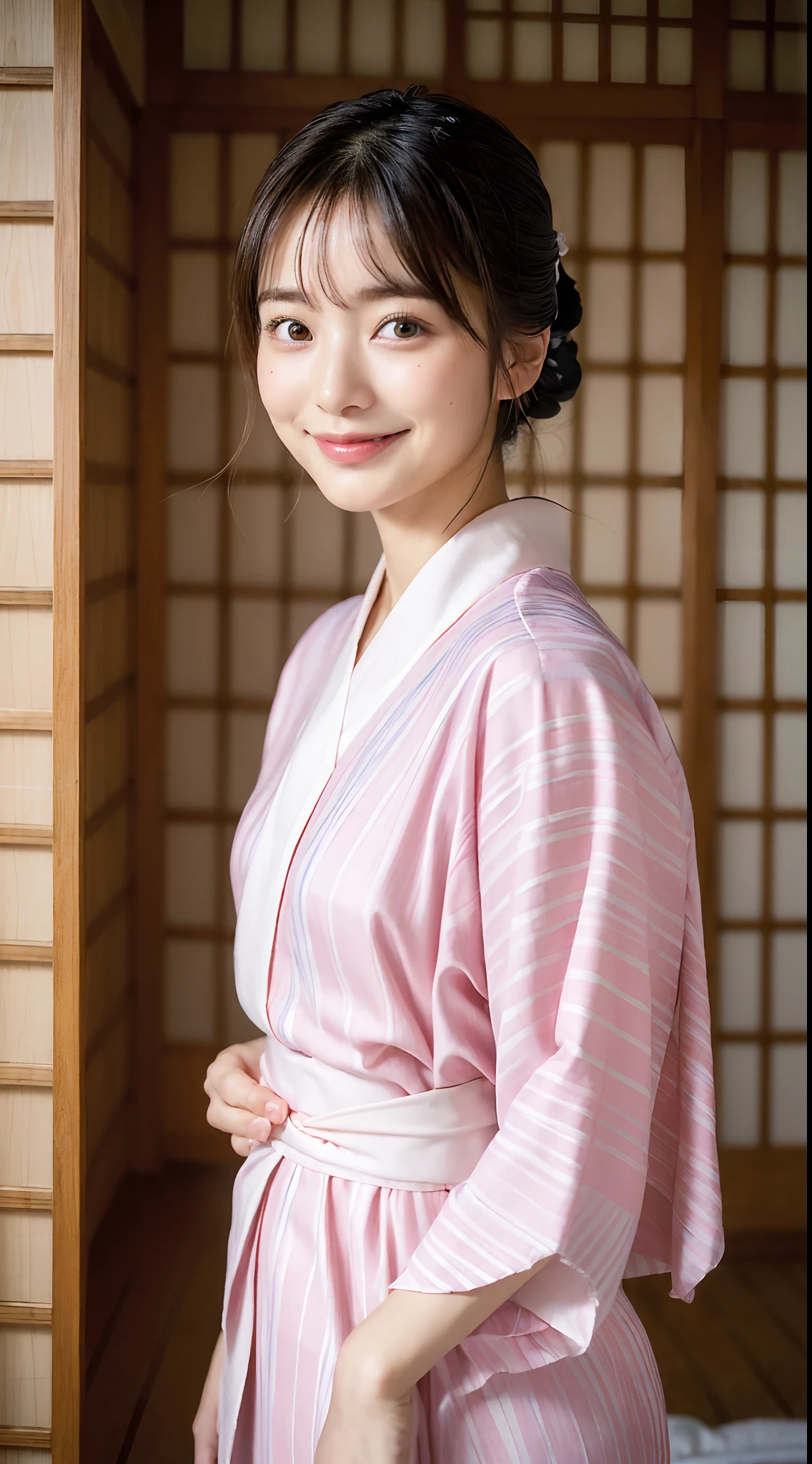 (natta:1.7), East Asian Architecture, 1womanl, sixteen years old、Beautiful shiny straight semi-long、Beautiful fingers,Beautiful long legs,Beauty Body,Cute nose,Beautiful character design,perfect eyes,face perfect,looking at viewert,(Innocent_Big_Eyes:1.0),(light_Smile:0.3),offcial art,ighly detailed ,(tmasterpiece:1.0),(best_quality:1.0), 超A high resolution,4K,ultra - detailed, photography of, 8K, nffsw, hight resolution, the background is blurred, (Beautiful_Face:1.5),(8K,Raw photo, 、Relax at a ryokan in Japan、The background is an ordinary inn(Depict the inside of the room more widely:1.2)(Girls are not subjects:1.3) (Hair after a bath:1.3)), ((There is a large Japan garden outside the inn.......................................:1.3),((Girl is outdoors in beautiful Japan garden at night:1.3))((The main character is Japan garden))(((Girl in a yukata at an inn、Walk the aisles of the night inn:1.3)),((On the right is a beautiful Japan garden lit up..............................:1.3))((Rock garden of Kyoto Ryoanji Temple:1.3))((Full body like:1.3))(((No need for a Korean yukata or Korean-style hairstyle.:1.9)))((Yukata does not need gloss at all..:1.8))),(((faithfully, Realistic and accurate depiction of a purely Japan yukata、reproduction:1.5)))((White and light blue stripes:1.7)),((Light Pink Band))((A slight smile:1.3))(Walk through the wide corridors of the inn at night)、((Faithful and accurate reproduction of Japan yukata、Painted in high quality:1.3)