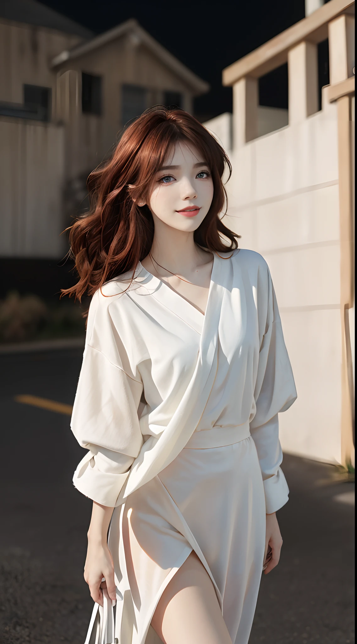 ((4K works))、​masterpiece、(top-quality)、1 beutiful girl、Slim body、tall、((Attractive casual clothes in black and white))、(Detailed beautiful eyes)、Take selfies on the road at night、((Face similar to Carly Rae Jepsen))、((Long boyish red hair))、((Smaller face))、((Neutral face))、((Bright blue eyes))、((American adult women))、((Adult female 26 years old))、((cool lady))、((Like a celebrity))、((Smiling expression))、((Korean Makeup))、((elongated and sharp eyes))、((Happy dating))、((boyish))、((She walking in the distance))、Professional Photos