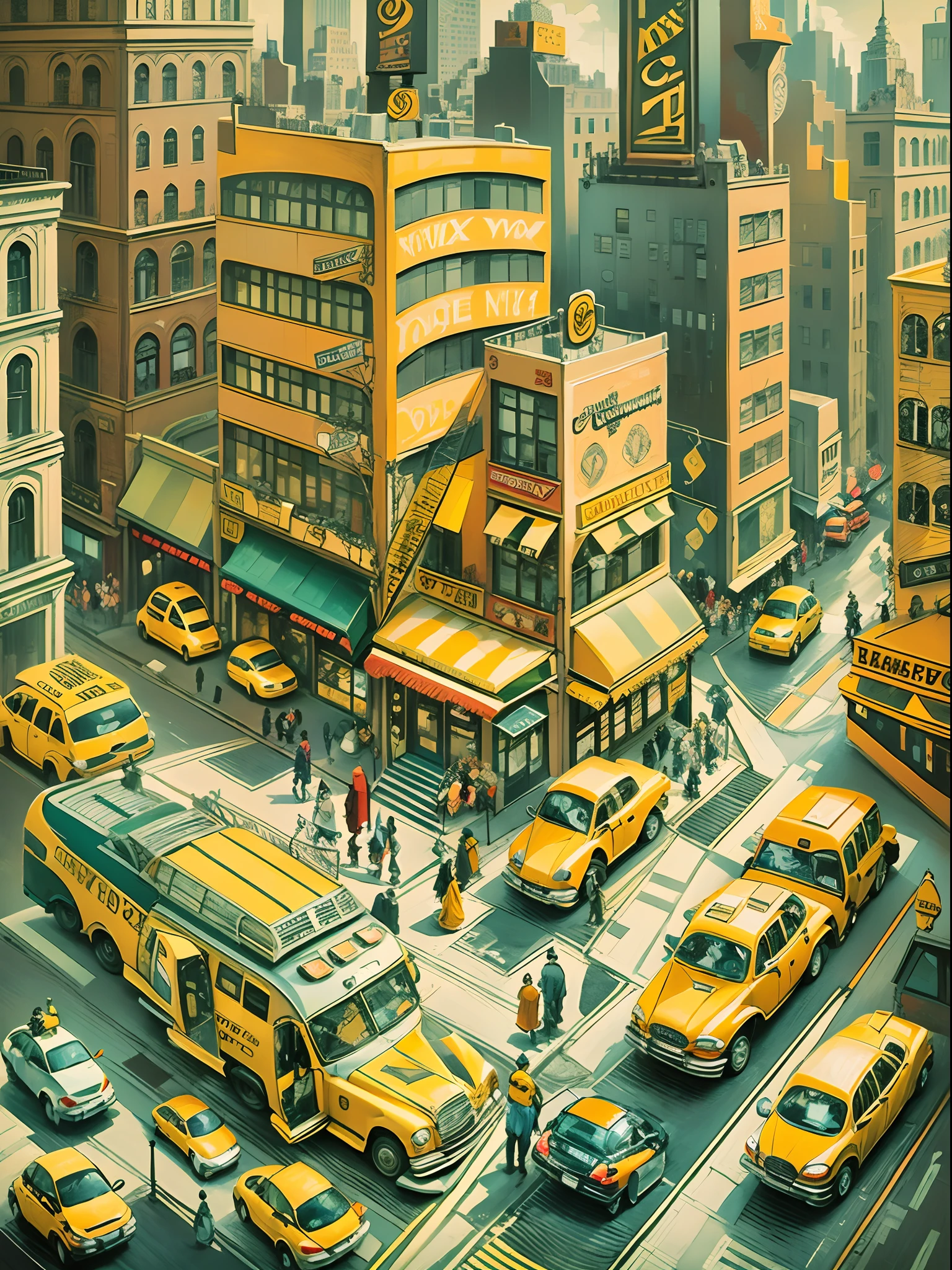 Cubist painting of a busy New York city street with different perspectives of people and shops, yellow taxi cabs and cars in street.